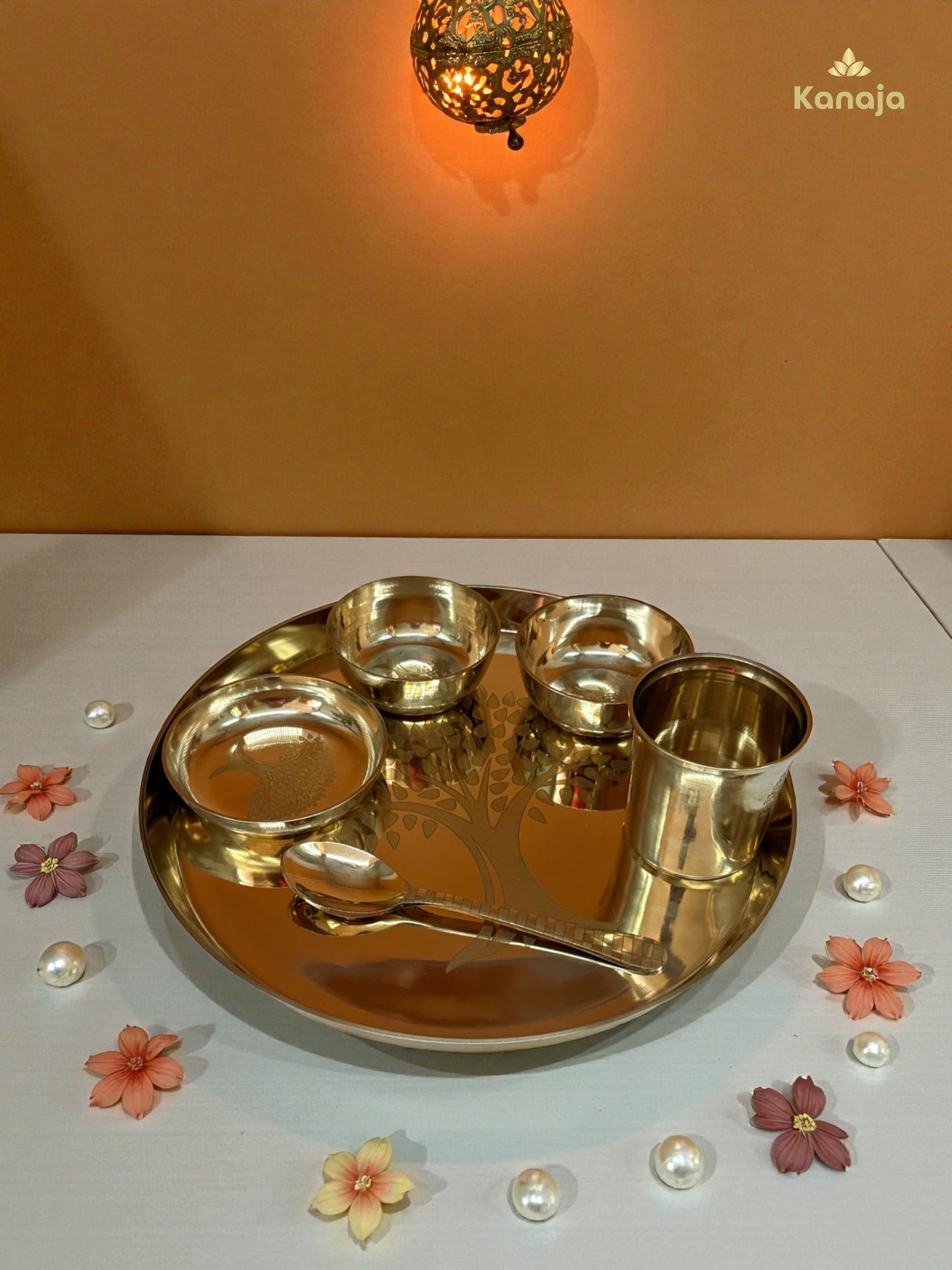 Brass Pooja Thali Set with Tree of Life Engraving