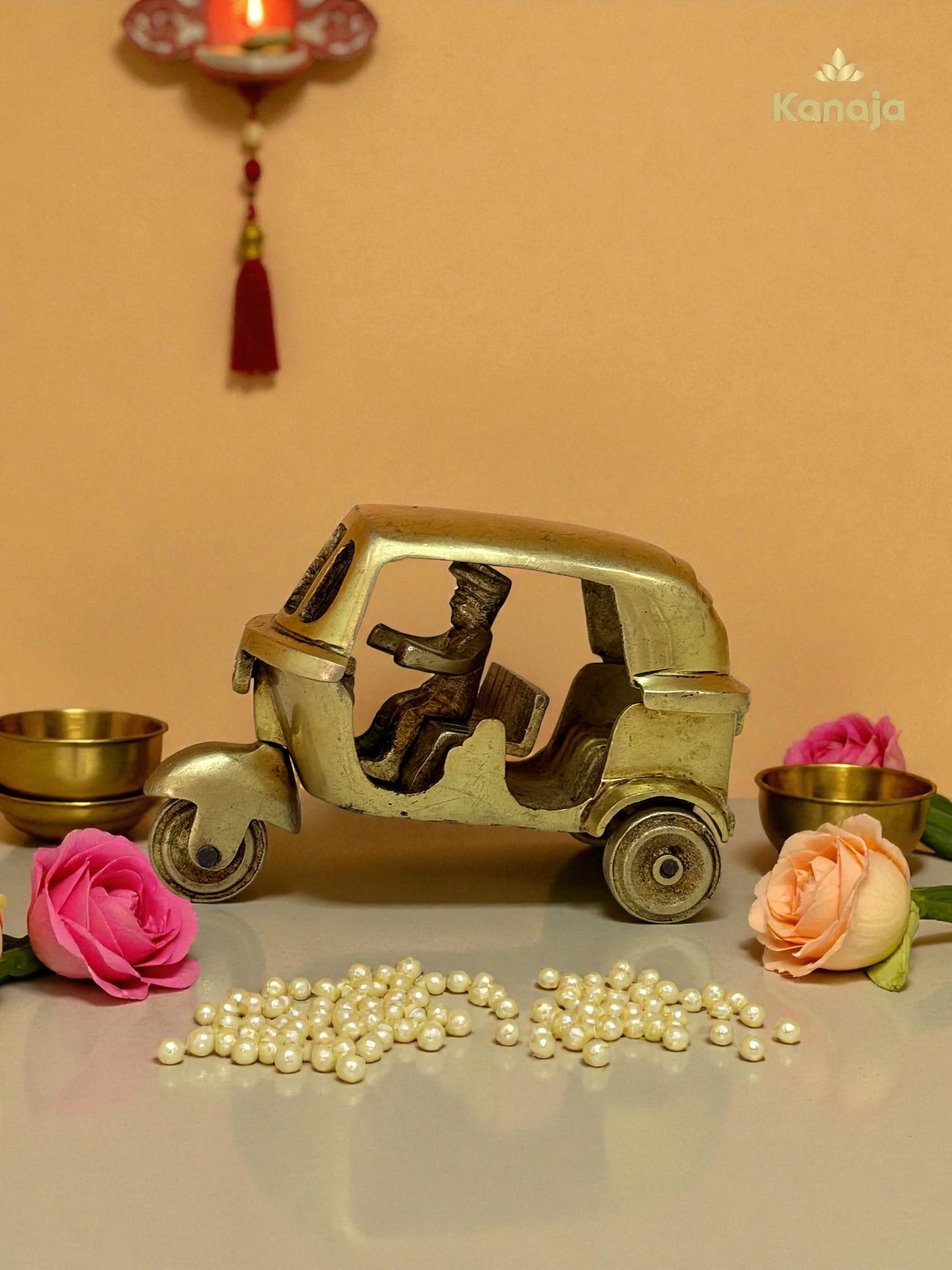Miniature Brass Auto Rickshaw Showpiece with Driver