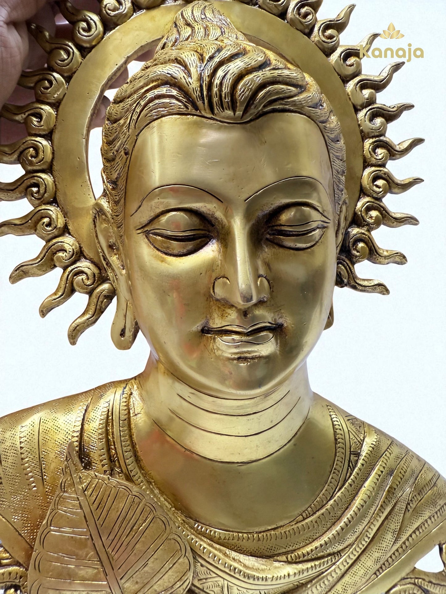 Brass Lord Buddha Wall Hanging with Bodhi Leaf and Sun Aura