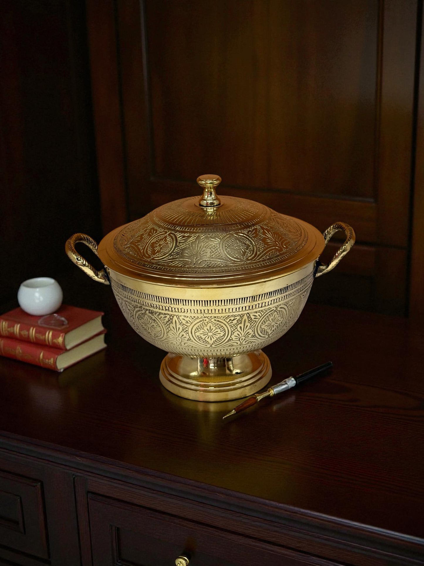 Brass Serving Bowl with Lid and Intricate Engravings – Premium Handcrafted Brassware | Decorative & Functional