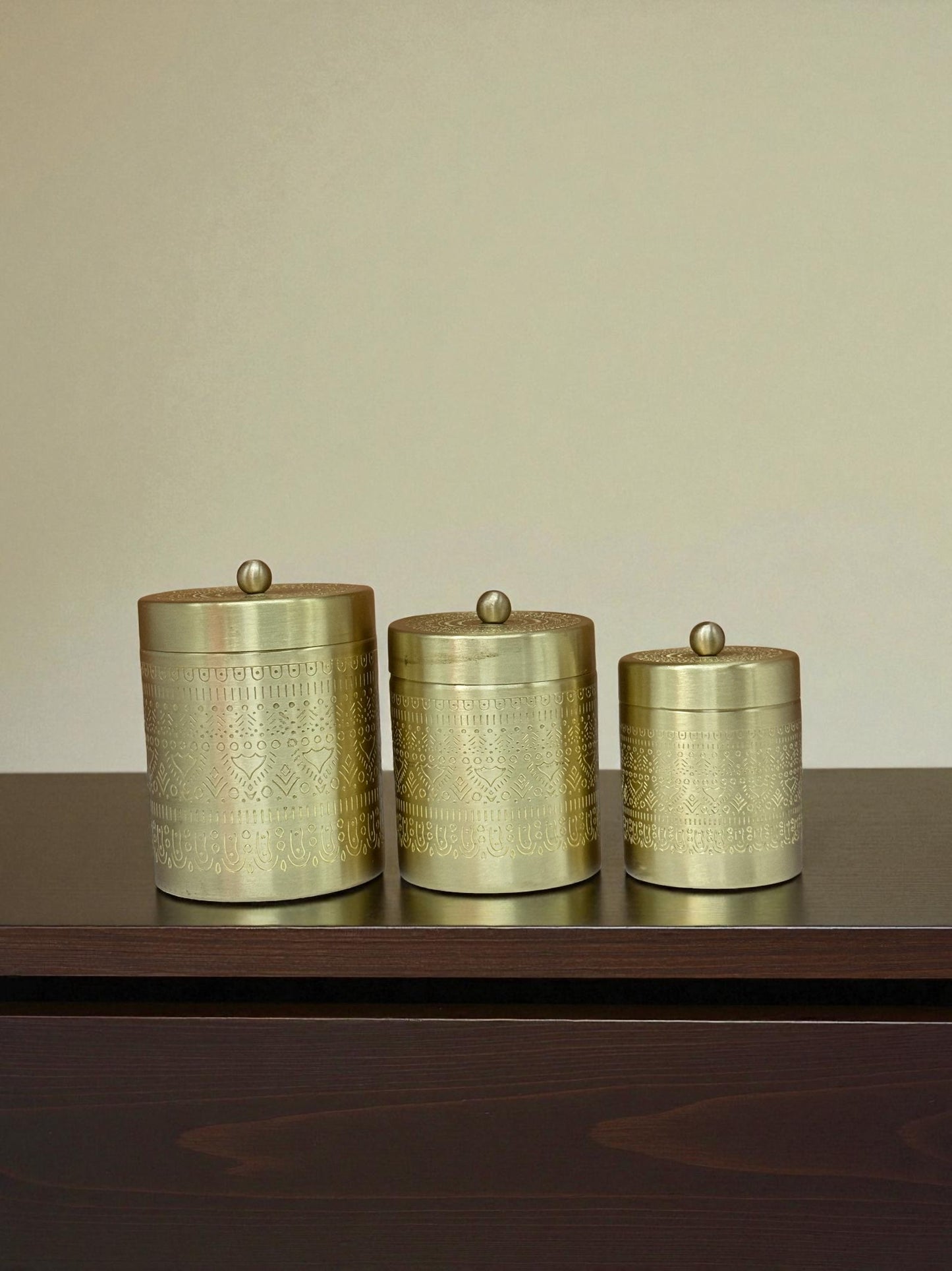 Exquisite Hand-Etched Brass Storage Canisters - Set of 3