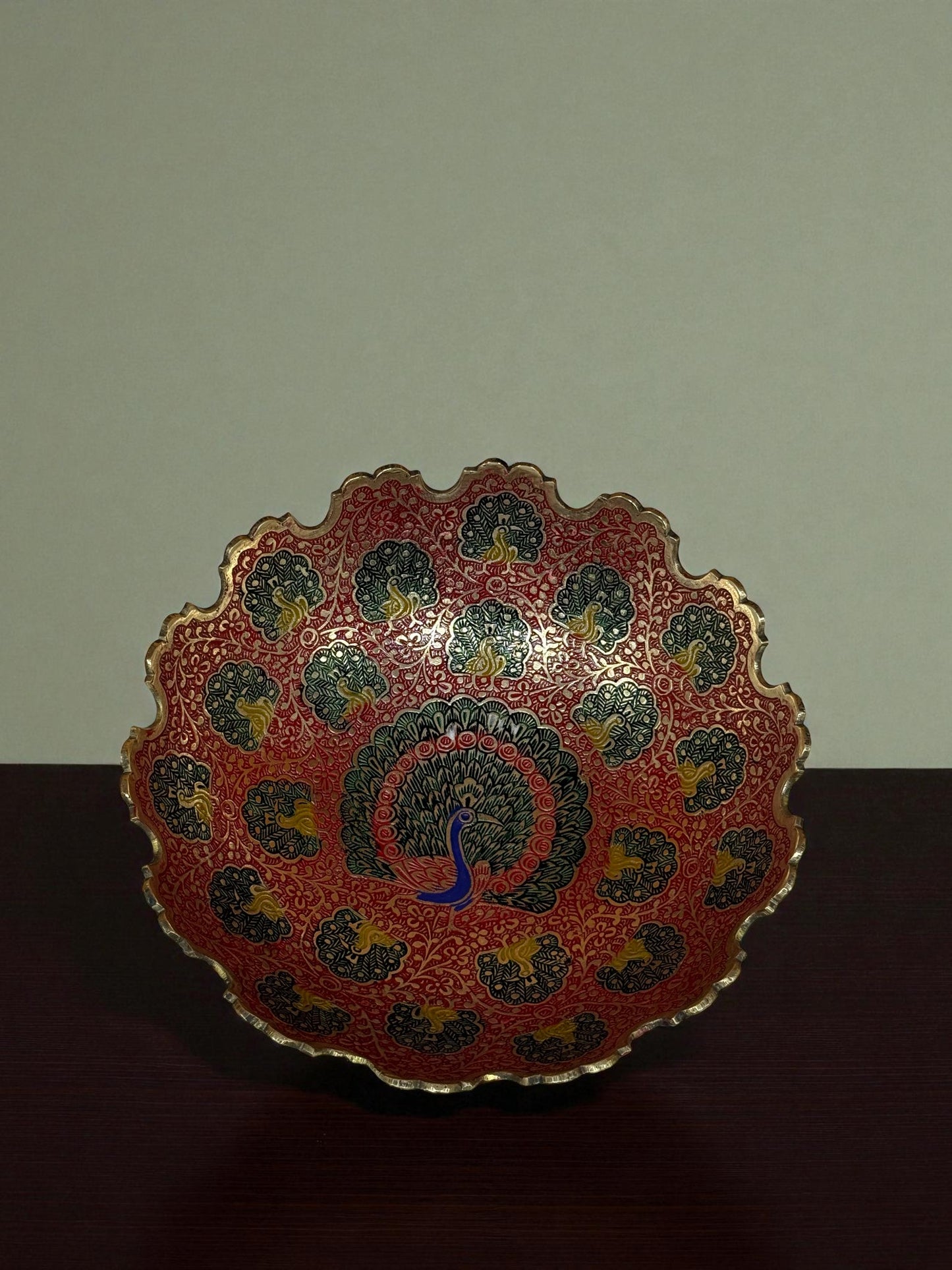 Exquisite Hand-Painted Enamel Brass Decorative Bowl – Peacock Motif