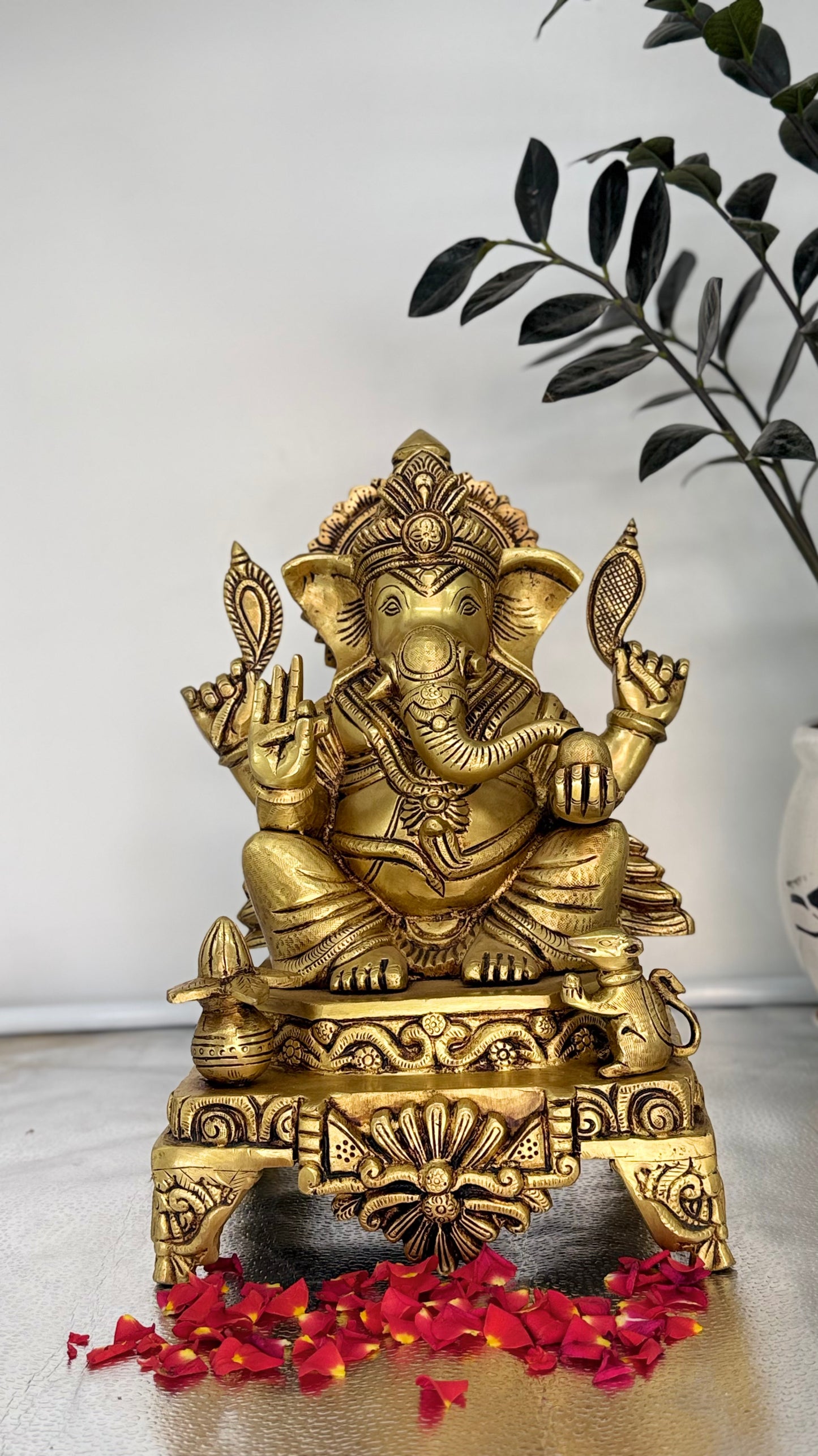 Large Brass Lord Ganesha Statue on Throne - Vighnaharta Murti for Home, Office Puja & Good Luck