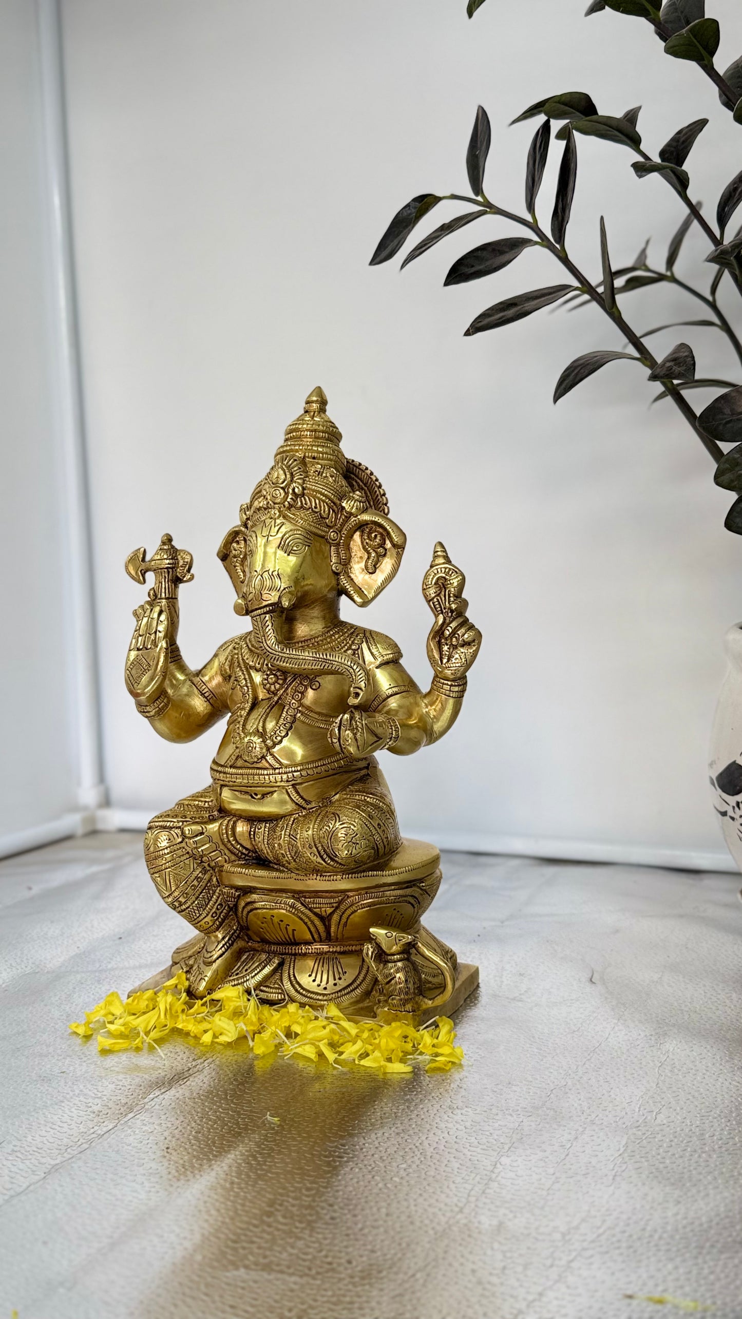 Serene Seated Ganesha in Lotus Pose - Brass Idol for Peace and Prosperity