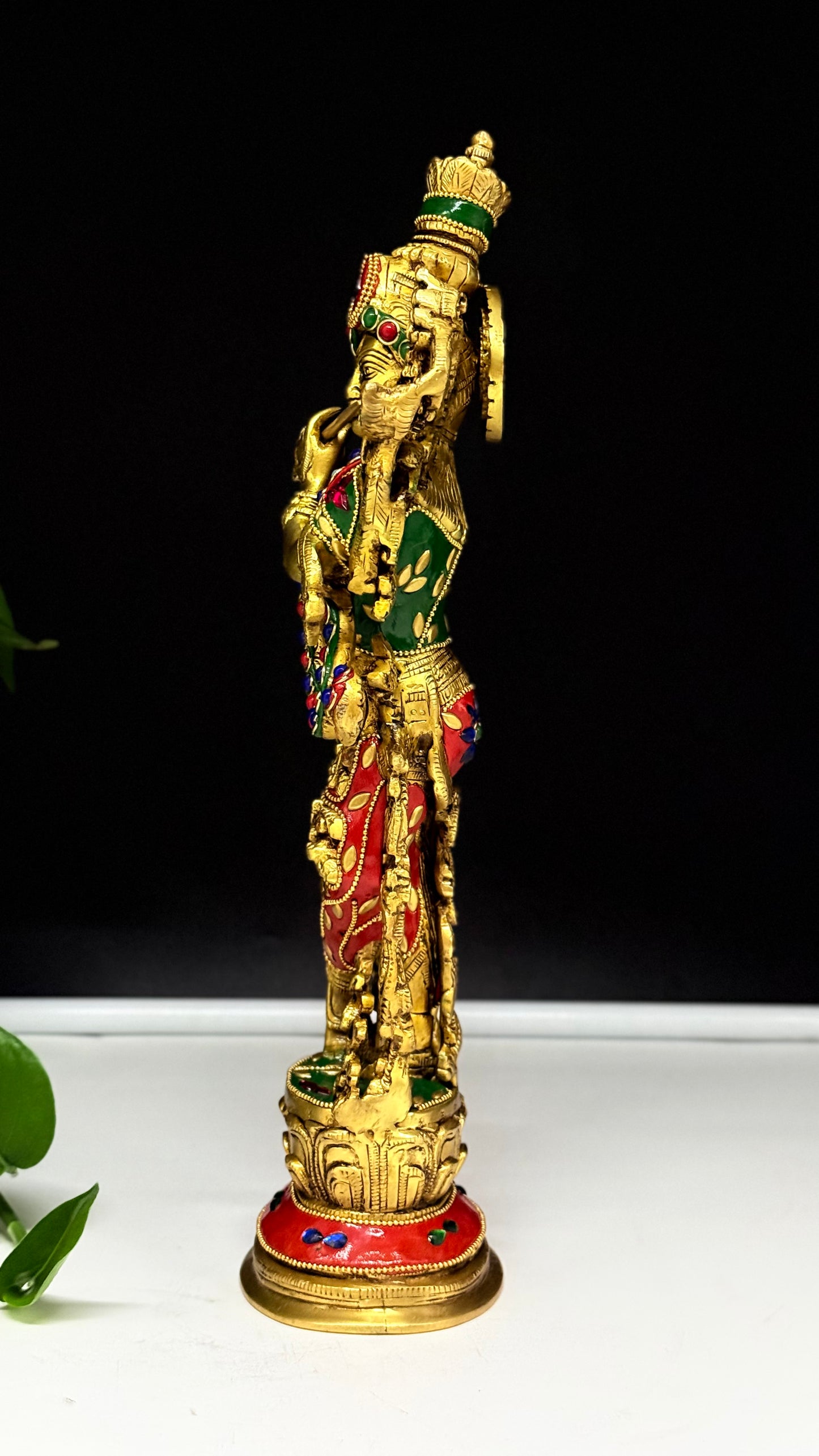 Vibrant Brass Krishna Idol with Gemstone & Enamel Accent