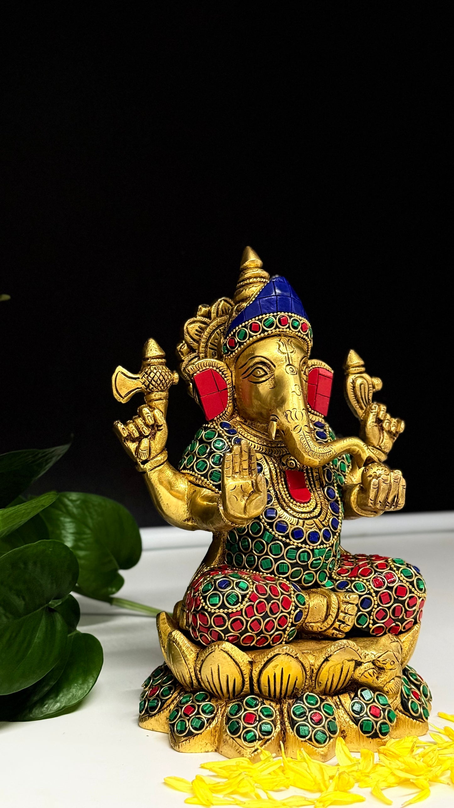Handcrafted Brass Ganesha Murti with Vibrant Gemstone Detailing