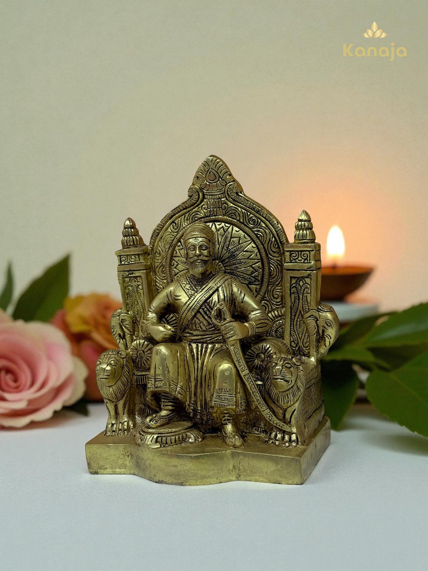 Majestic Brass Chhatrapati Shivaji Maharaj on Sinhasan (Lion Throne) Statue