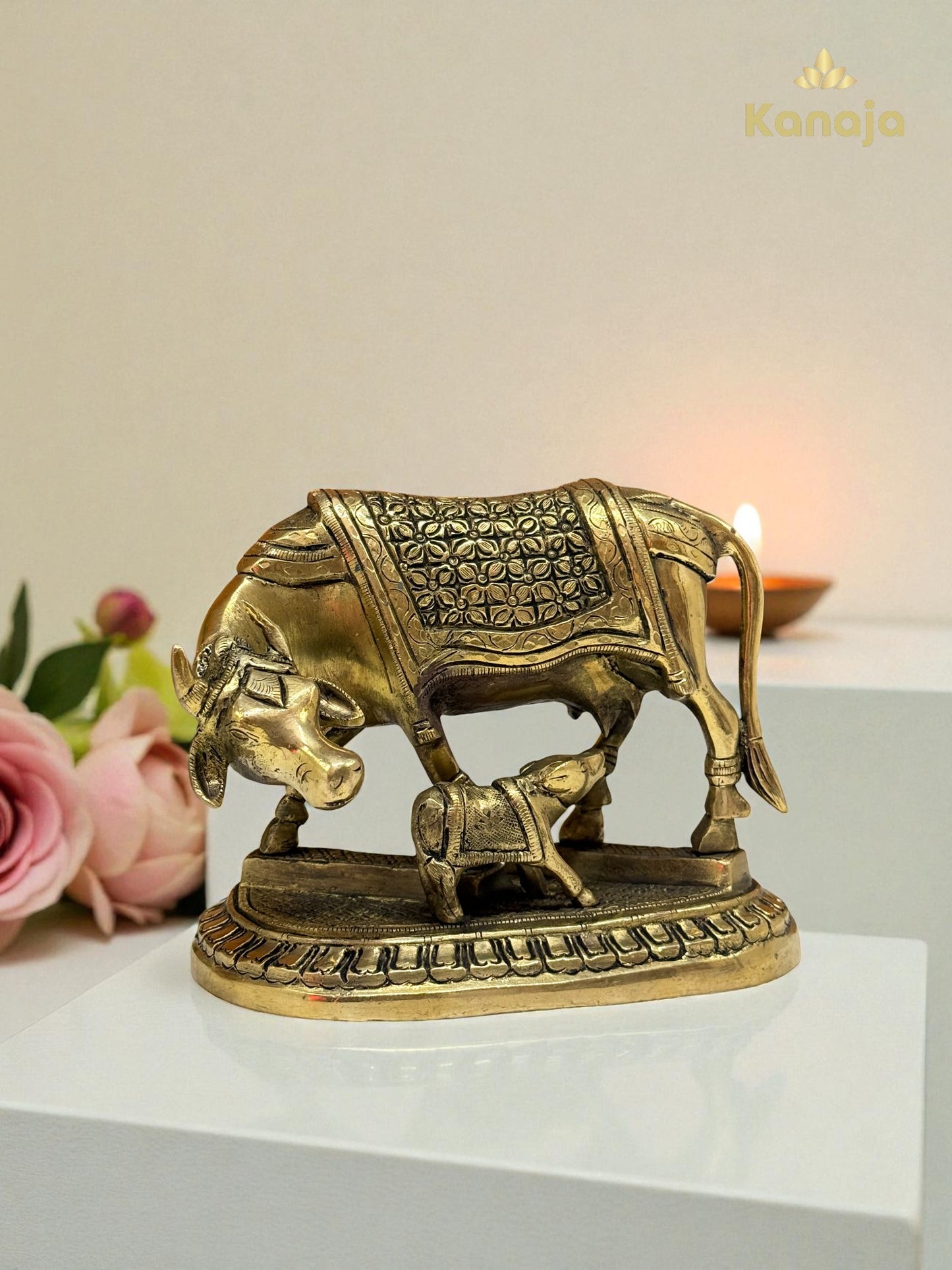 Handcrafted Brass Kamadhenu Cow & Calf Idol