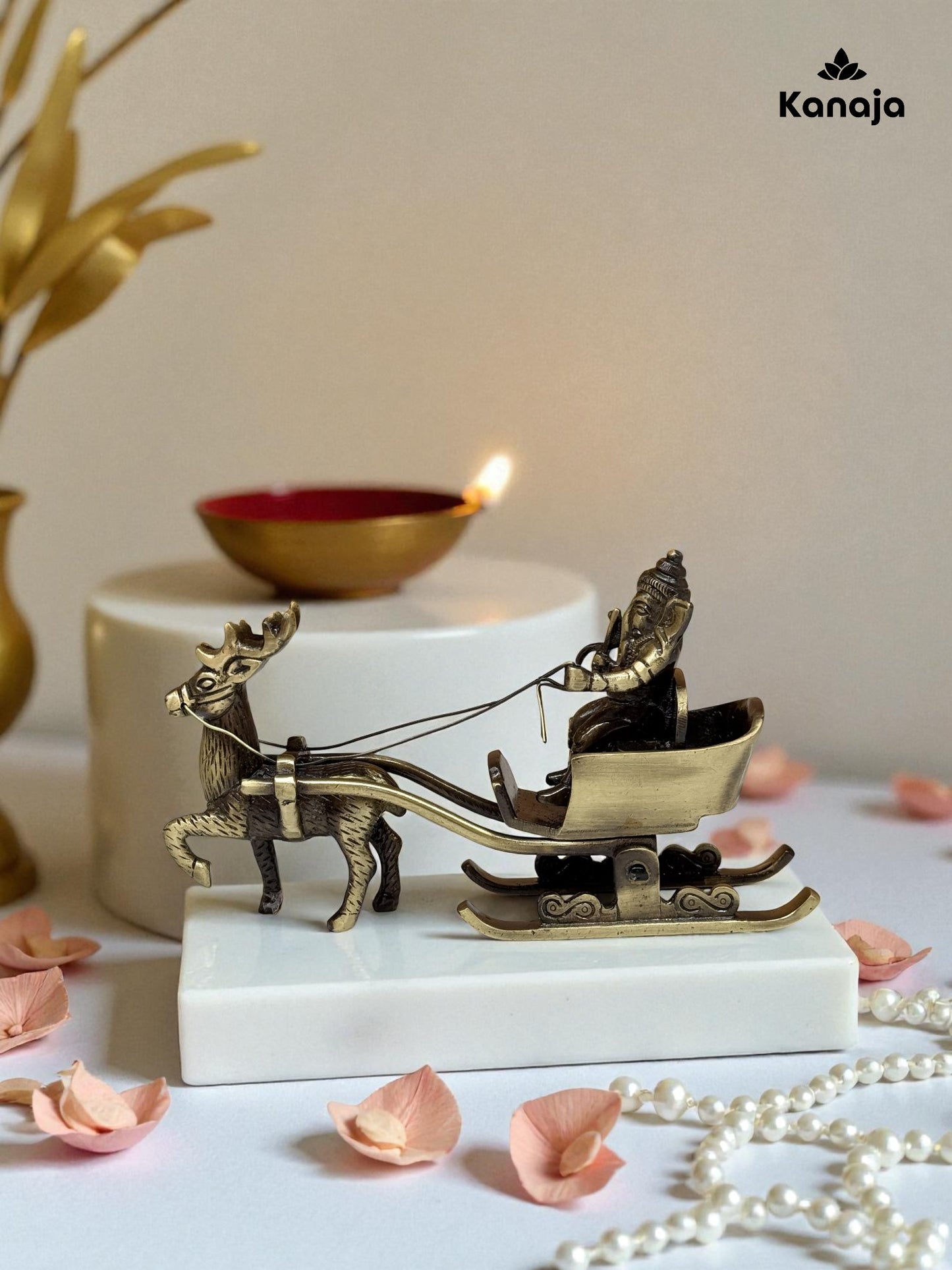 Vintage Brass Reindeer Sleigh with Deity Figurine - A Unique Blend of Festivity and Spirituality