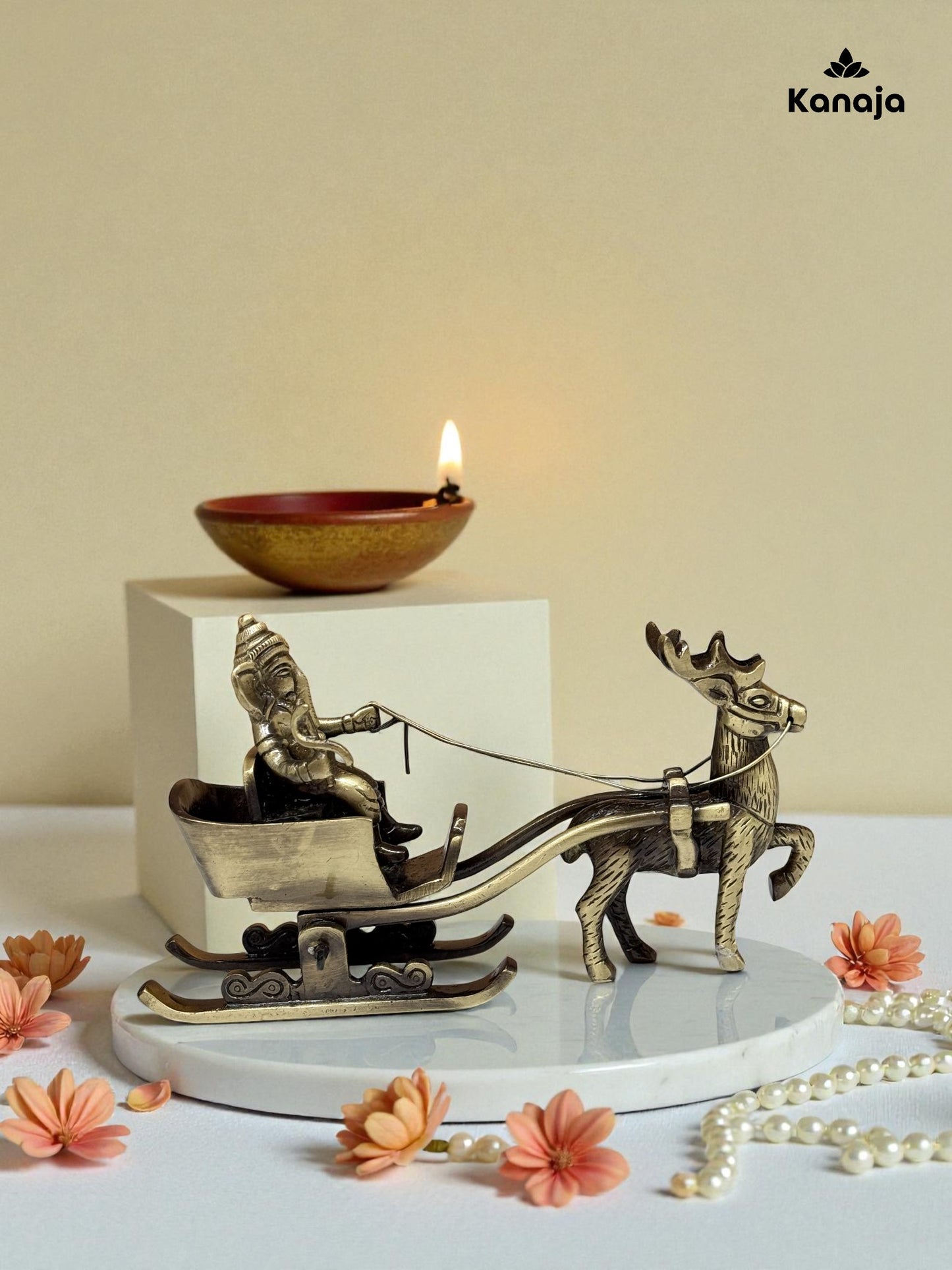 Vintage Brass Reindeer Sleigh with Deity Figurine - A Unique Blend of Festivity and Spirituality