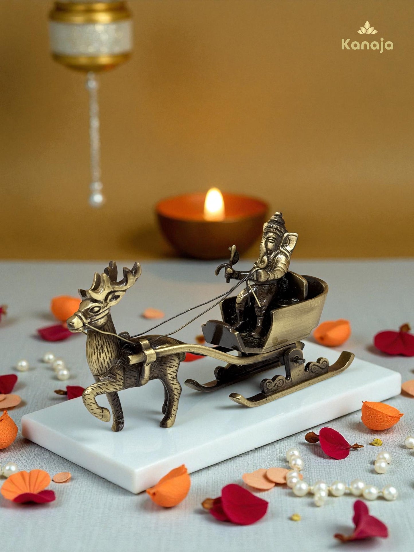 Vintage Brass Reindeer Sleigh with Deity Figurine - A Unique Blend of Festivity and Spirituality