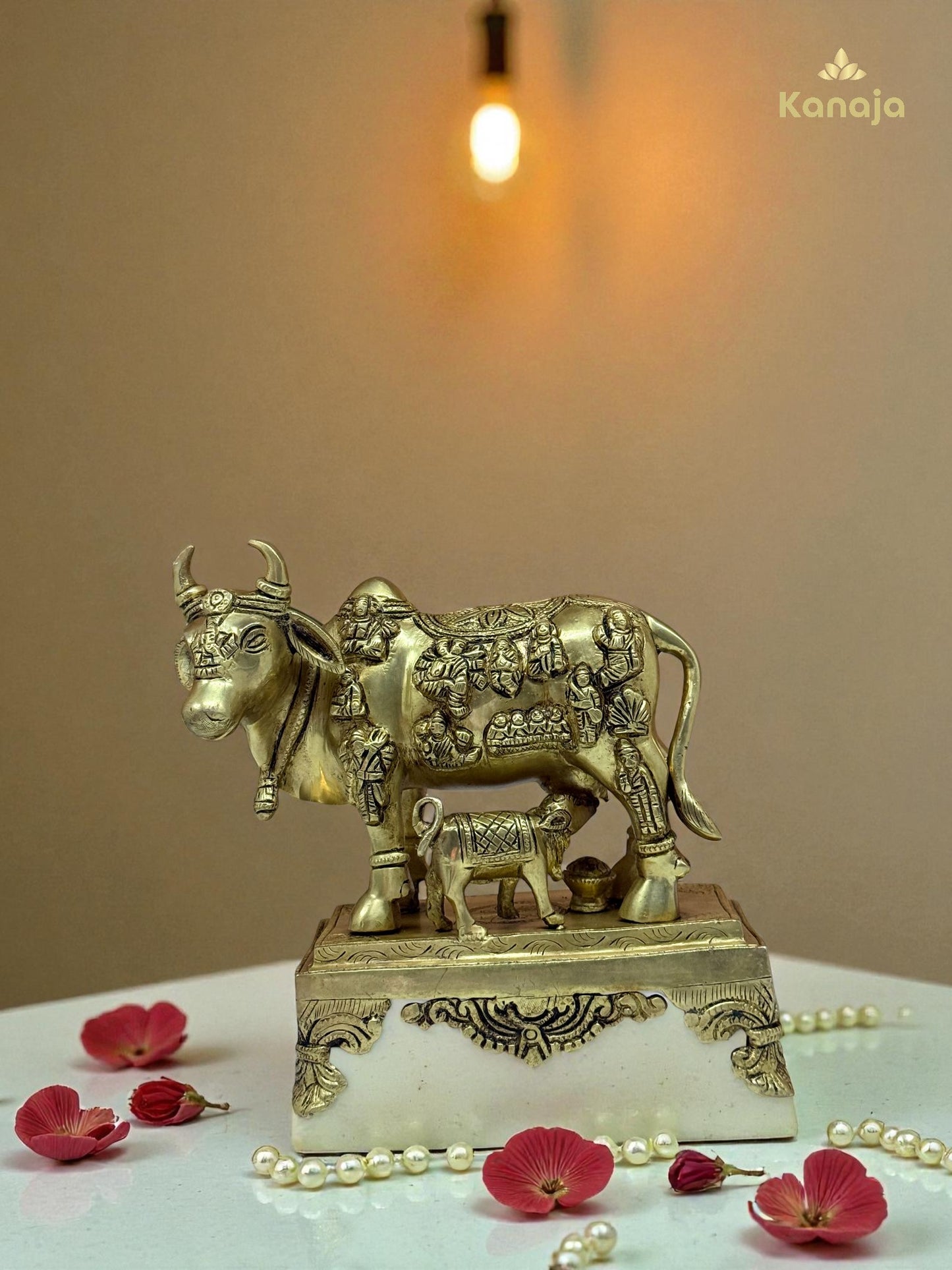 Sacred Golden Kamdhenu Cow with Calf and Stand - A Symbol of Abundance and Motherly Love