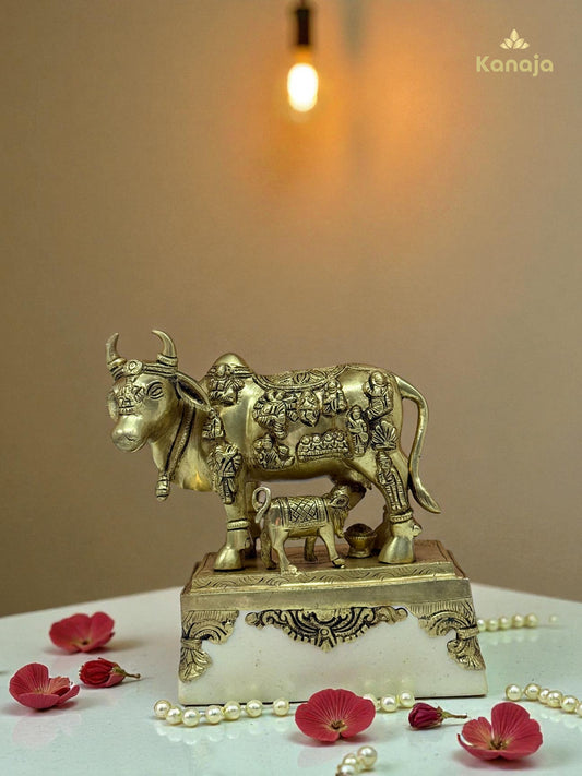 Sacred Golden Kamdhenu Cow with Calf and Stand - A Symbol of Abundance and Motherly Love
