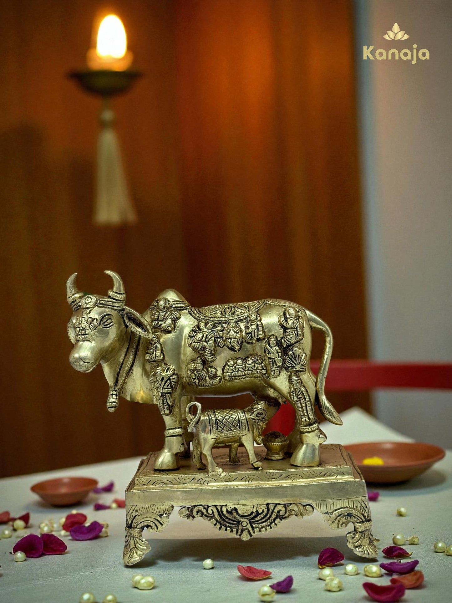 Sacred Golden Kamdhenu Cow with Calf and Stand - A Symbol of Abundance and Motherly Love