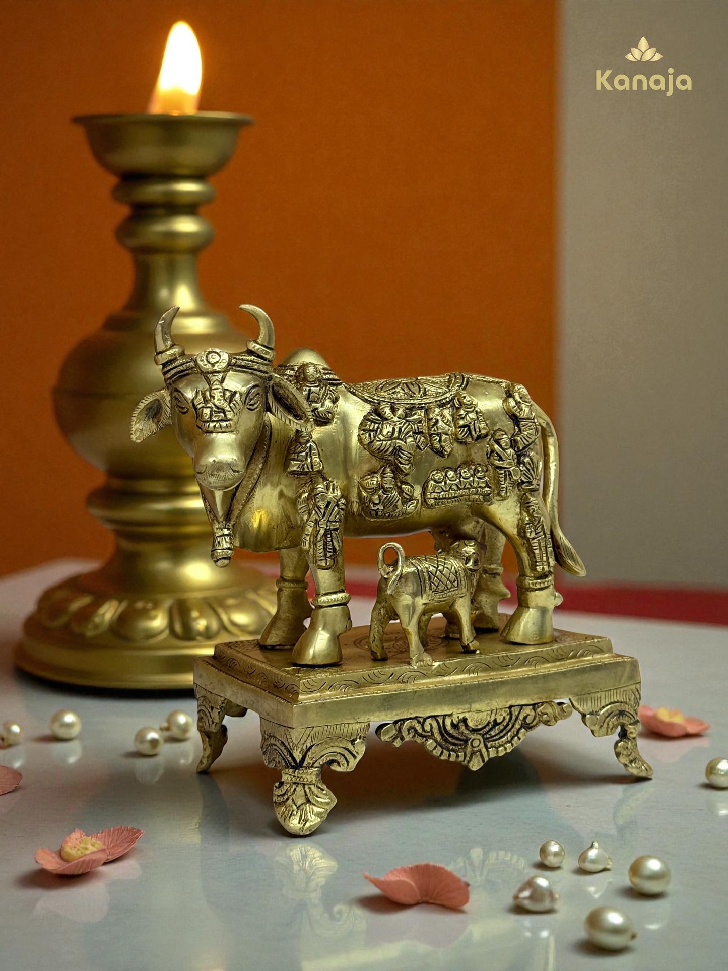 Sacred Golden Kamdhenu Cow with Calf and Stand - A Symbol of Abundance and Motherly Love