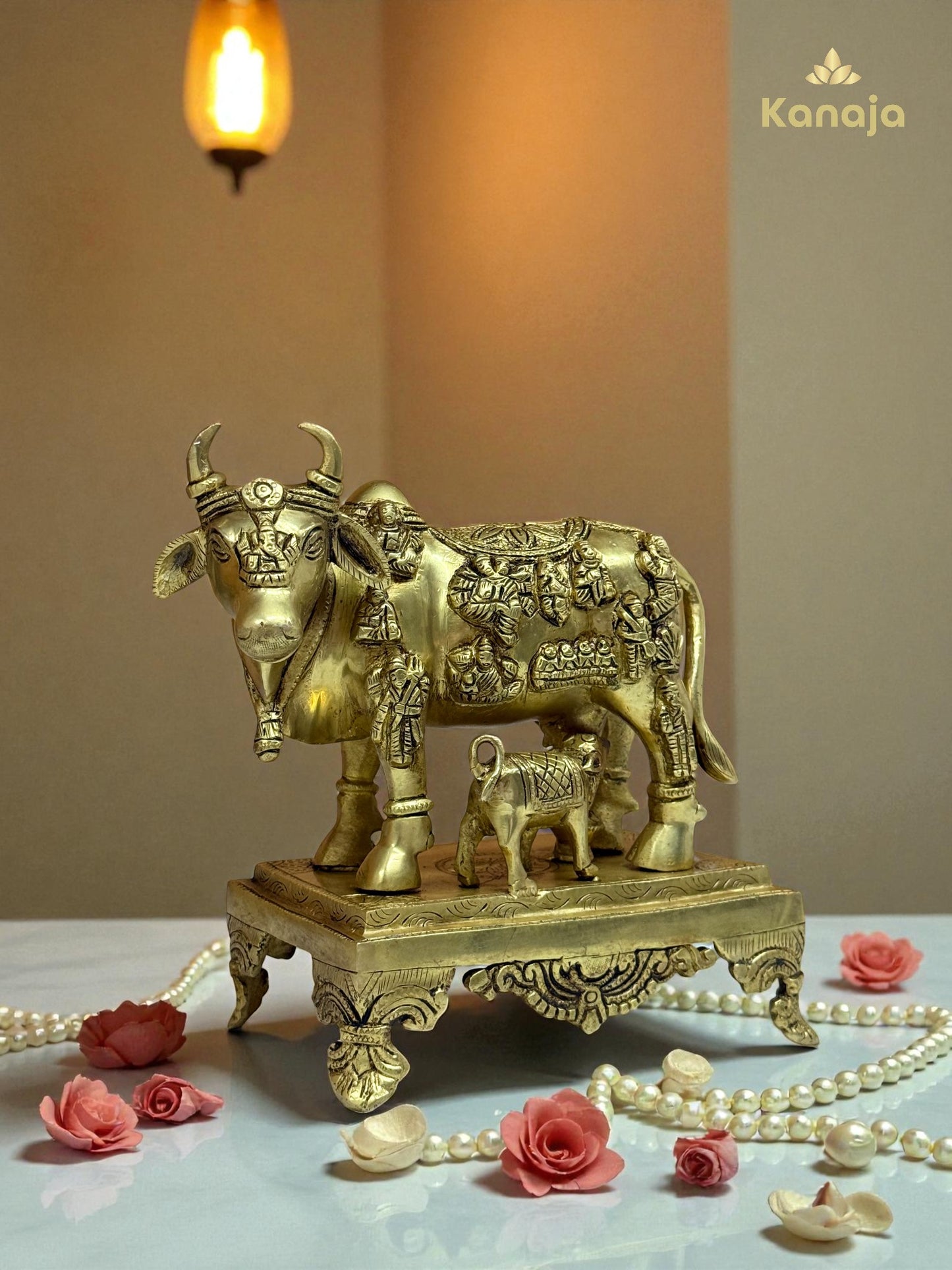 Sacred Golden Kamdhenu Cow with Calf and Stand - A Symbol of Abundance and Motherly Love