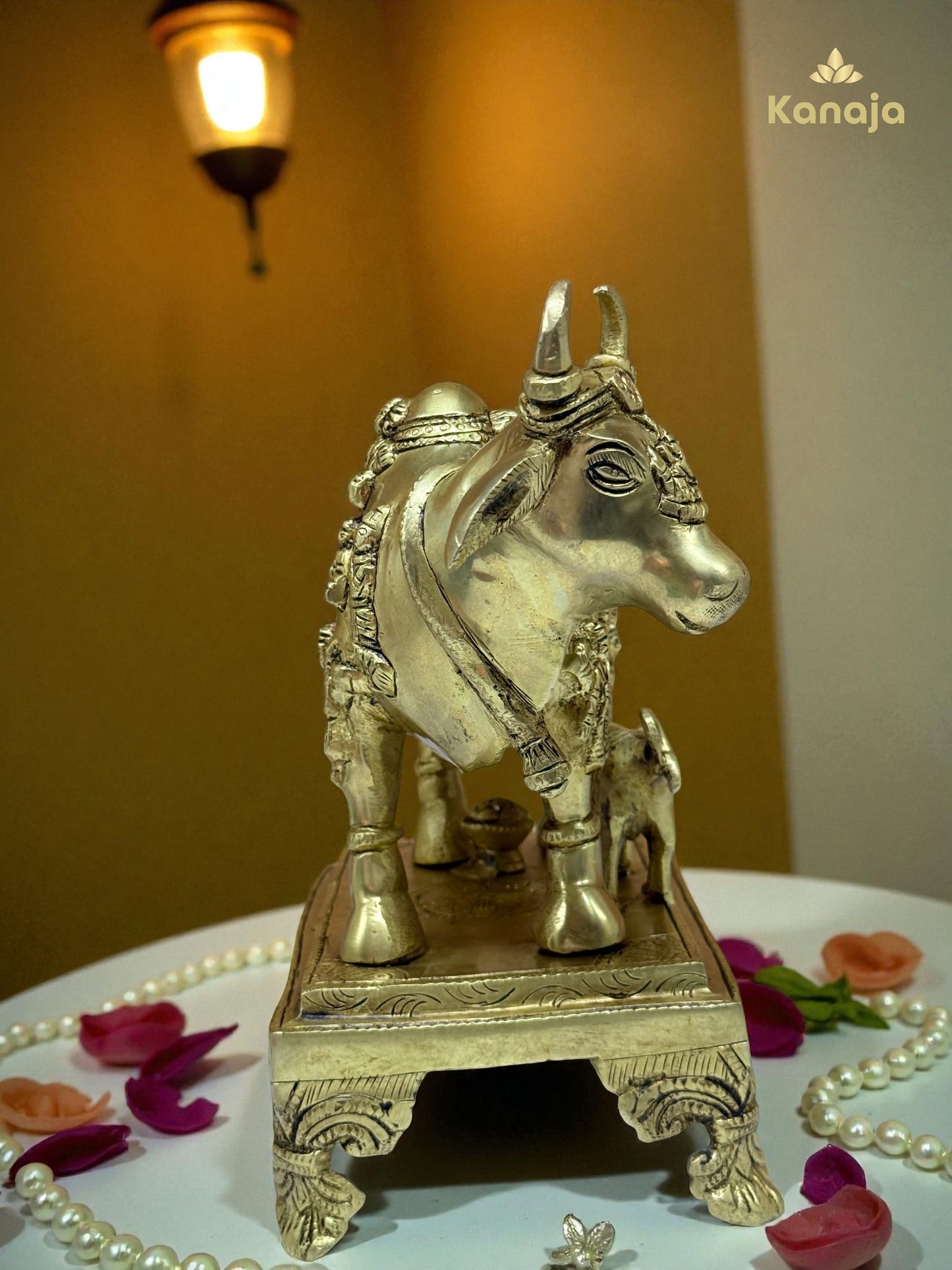 Sacred Golden Kamdhenu Cow with Calf and Stand - A Symbol of Abundance and Motherly Love