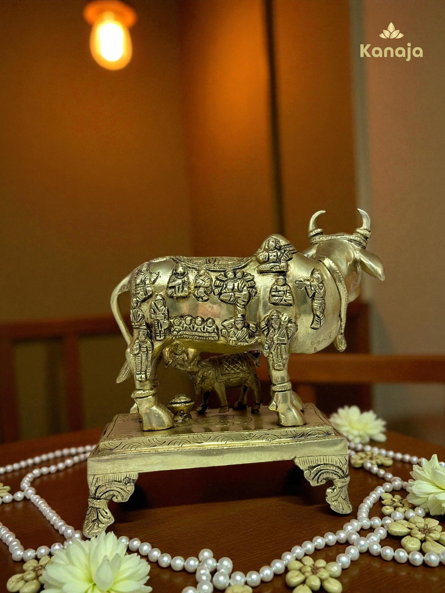 Sacred Golden Kamdhenu Cow with Calf and Stand - A Symbol of Abundance and Motherly Love
