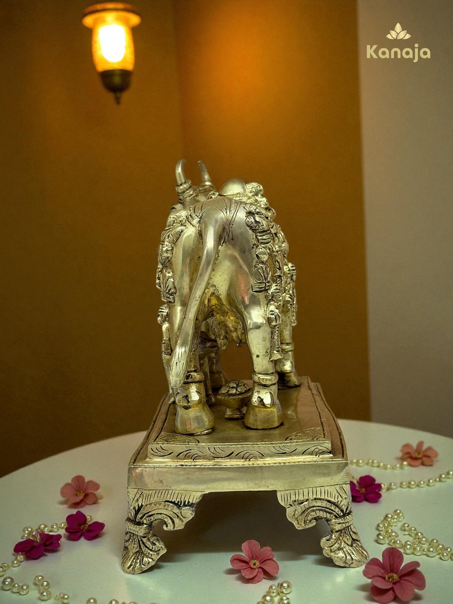 Sacred Golden Kamdhenu Cow with Calf and Stand - A Symbol of Abundance and Motherly Love