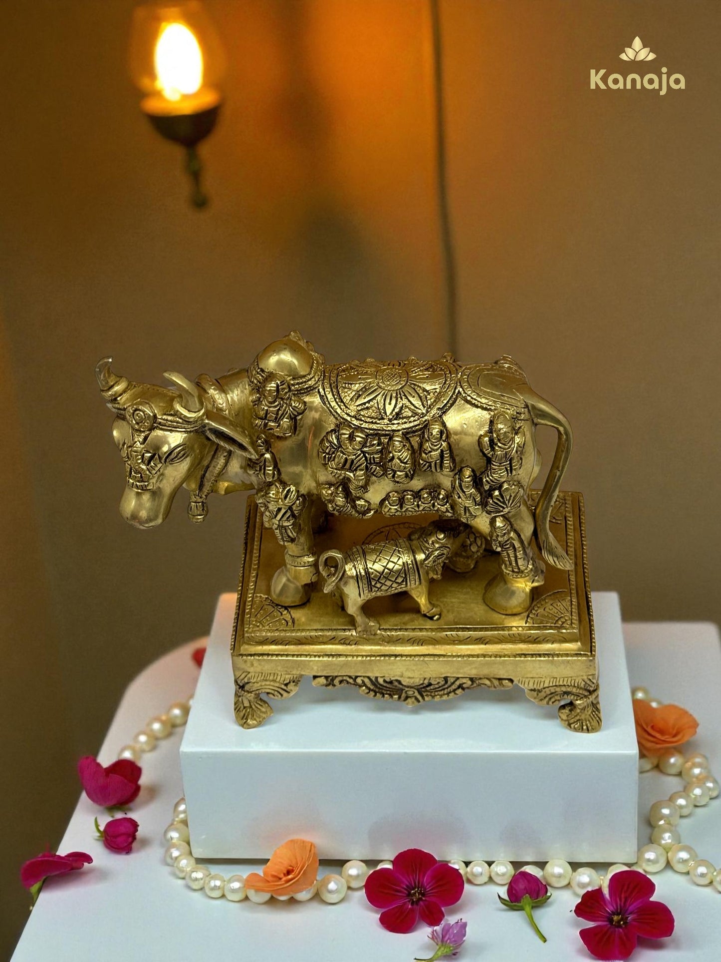 Sacred Golden Kamdhenu Cow with Calf and Stand - A Symbol of Abundance and Motherly Love