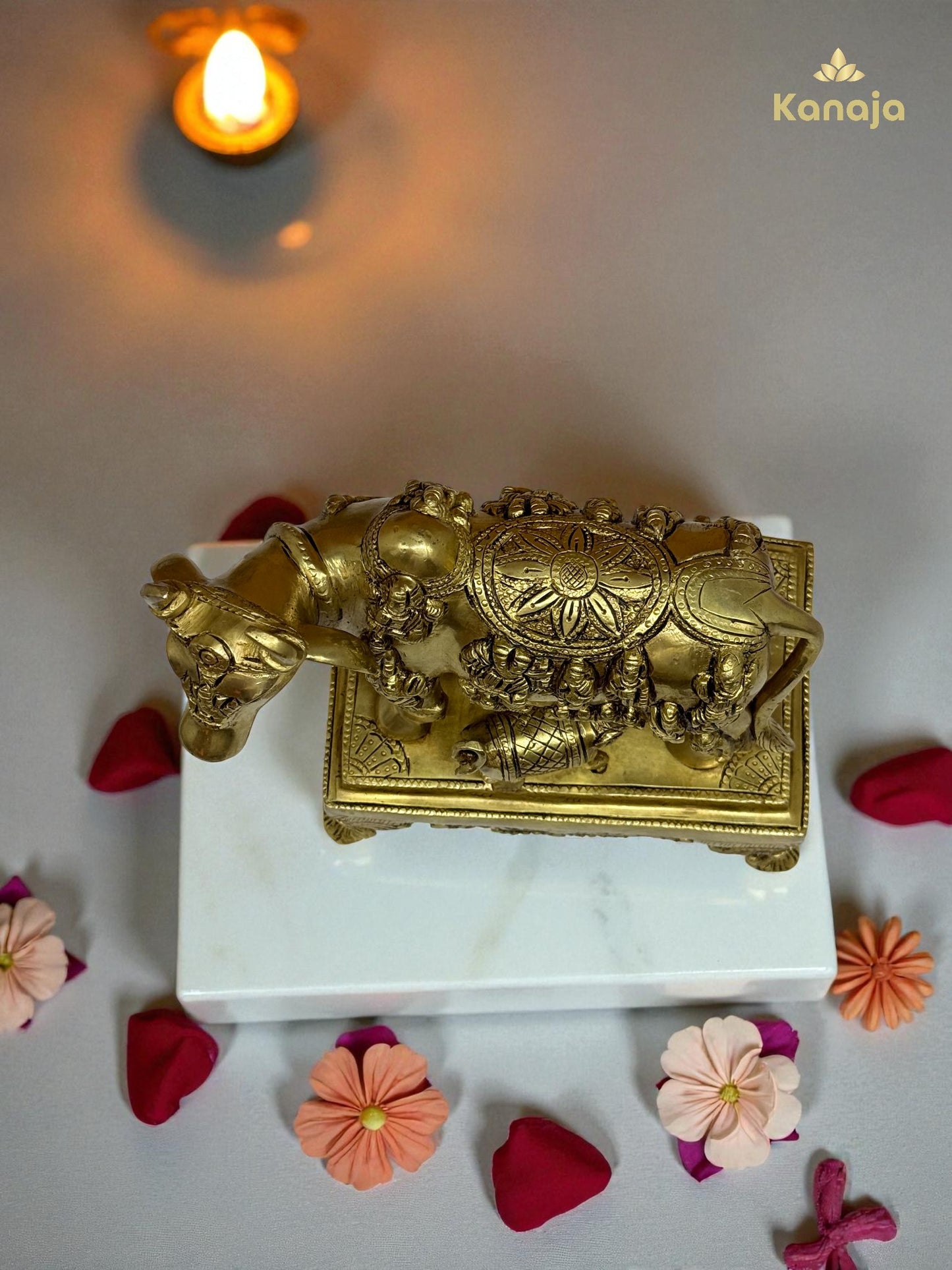 Sacred Golden Kamdhenu Cow with Calf and Stand - A Symbol of Abundance and Motherly Love
