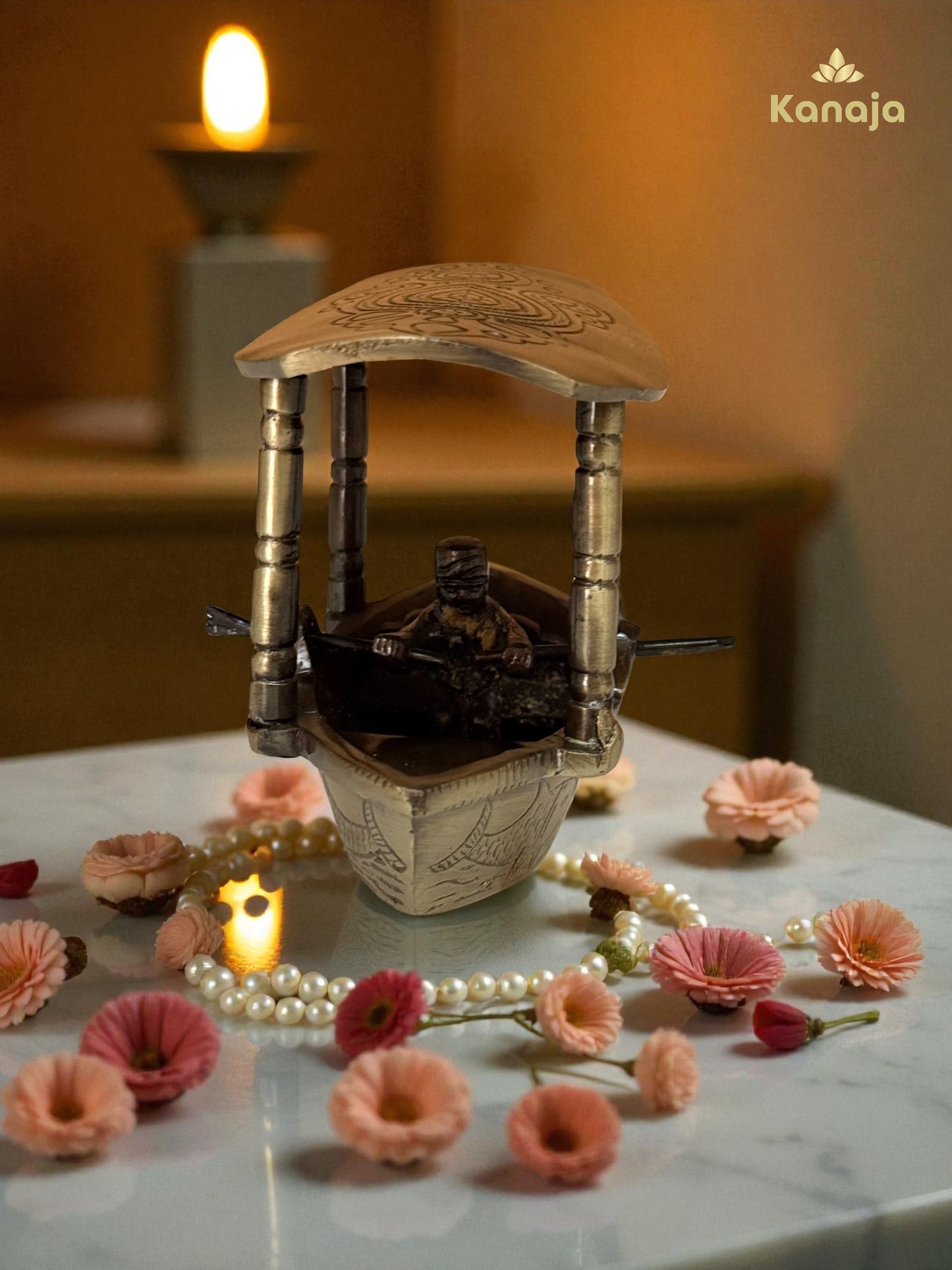 Artisanal Golden Fishing Boat with Fisherman Figurine - A Glimpse of Serene Waters