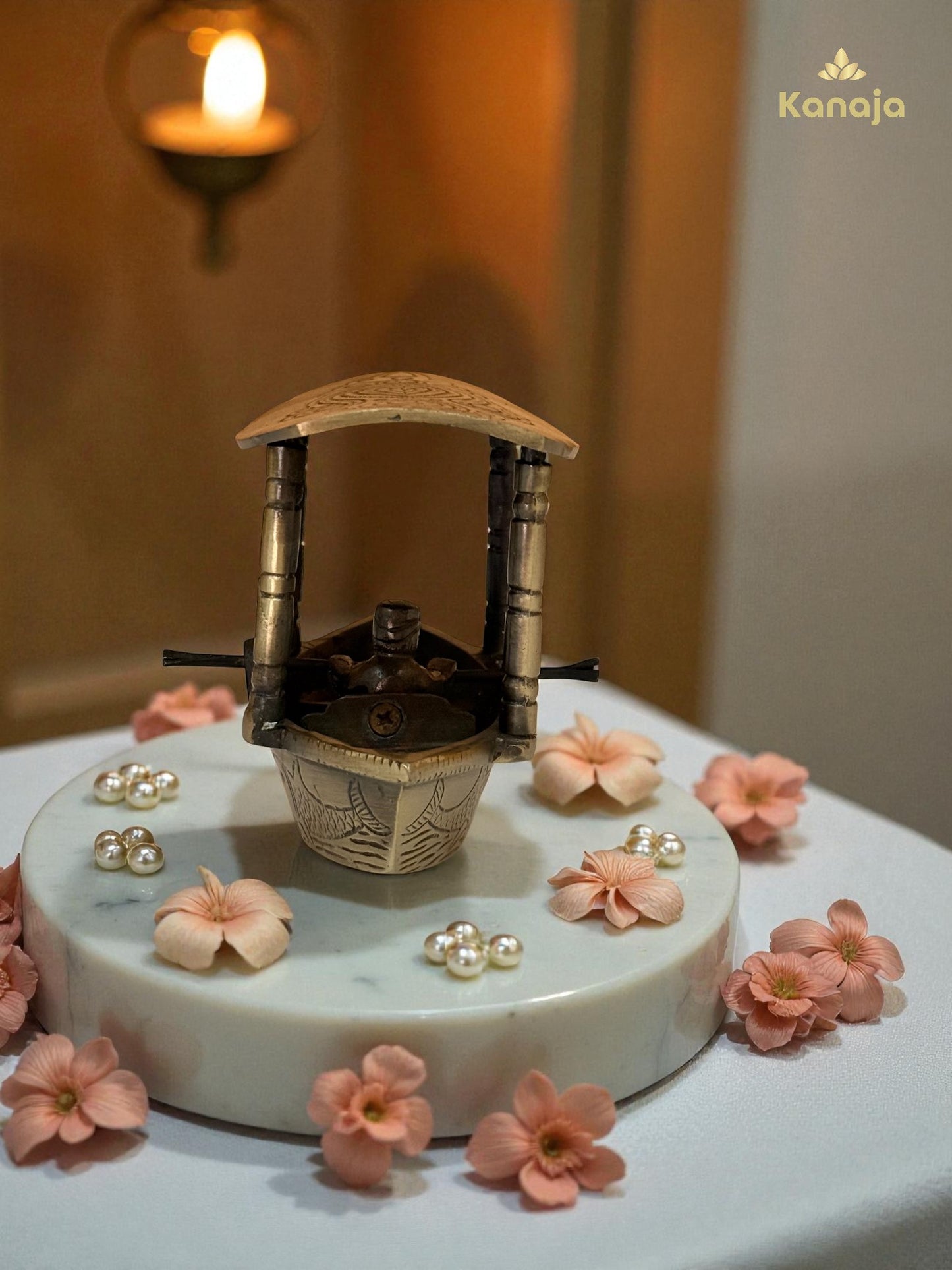 Artisanal Golden Fishing Boat with Fisherman Figurine - A Glimpse of Serene Waters