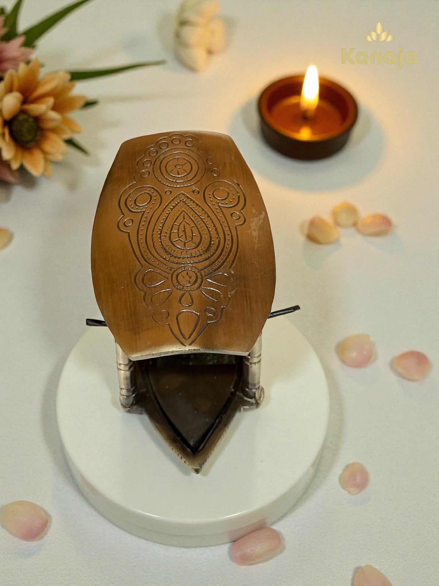 Artisanal Golden Fishing Boat with Fisherman Figurine - A Glimpse of Serene Waters