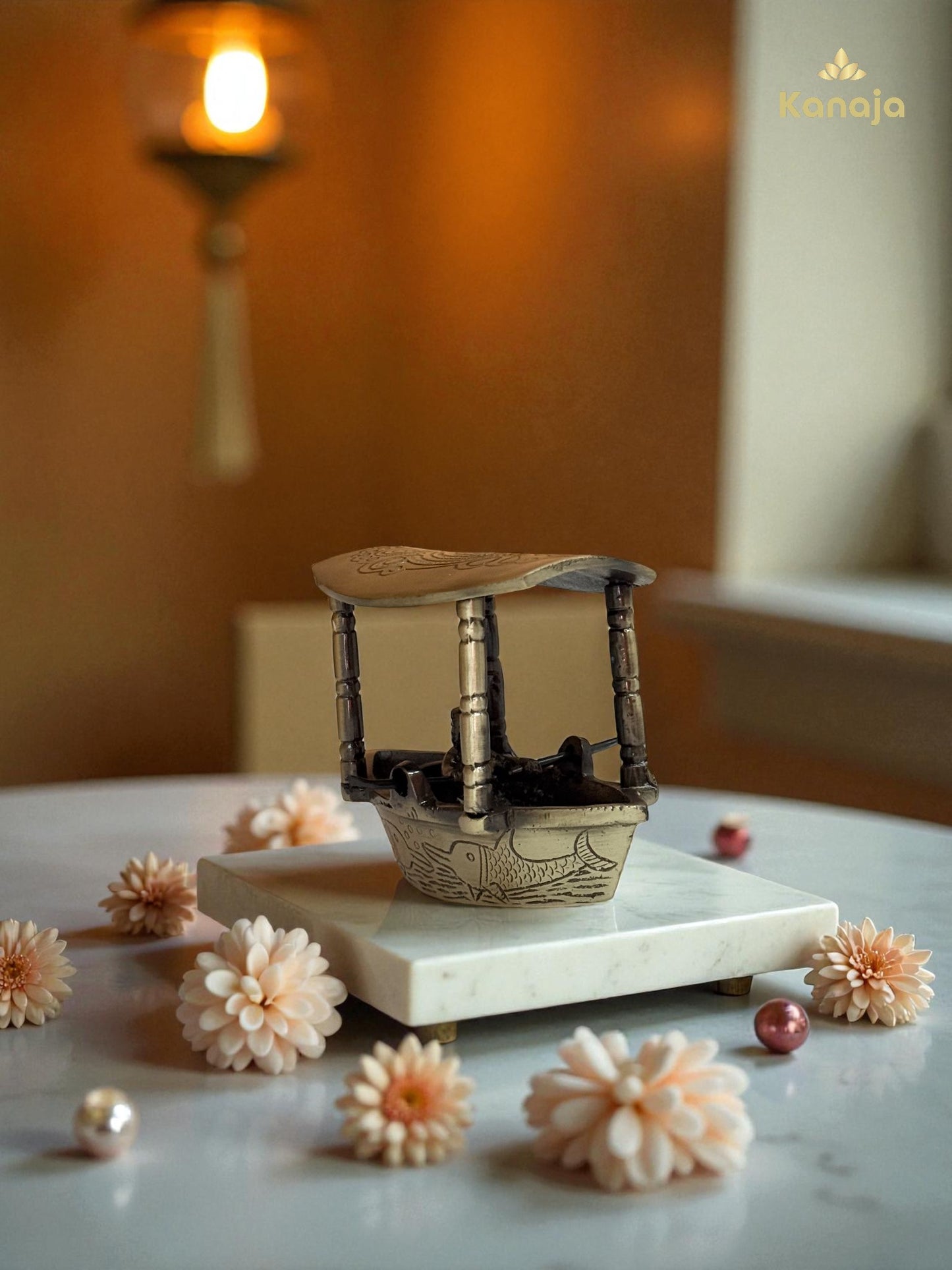 Artisanal Golden Fishing Boat with Fisherman Figurine - A Glimpse of Serene Waters