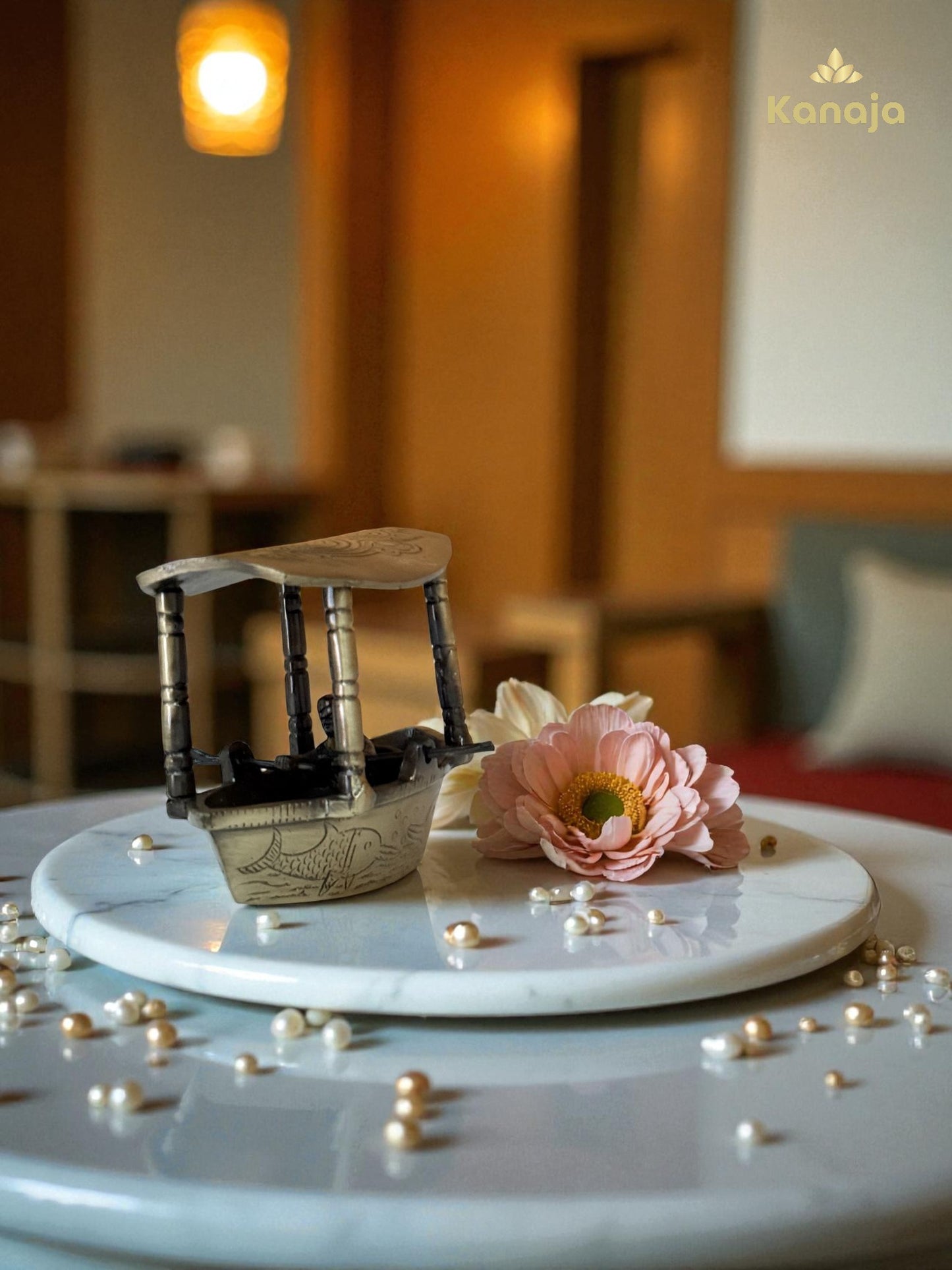 Artisanal Golden Fishing Boat with Fisherman Figurine - A Glimpse of Serene Waters