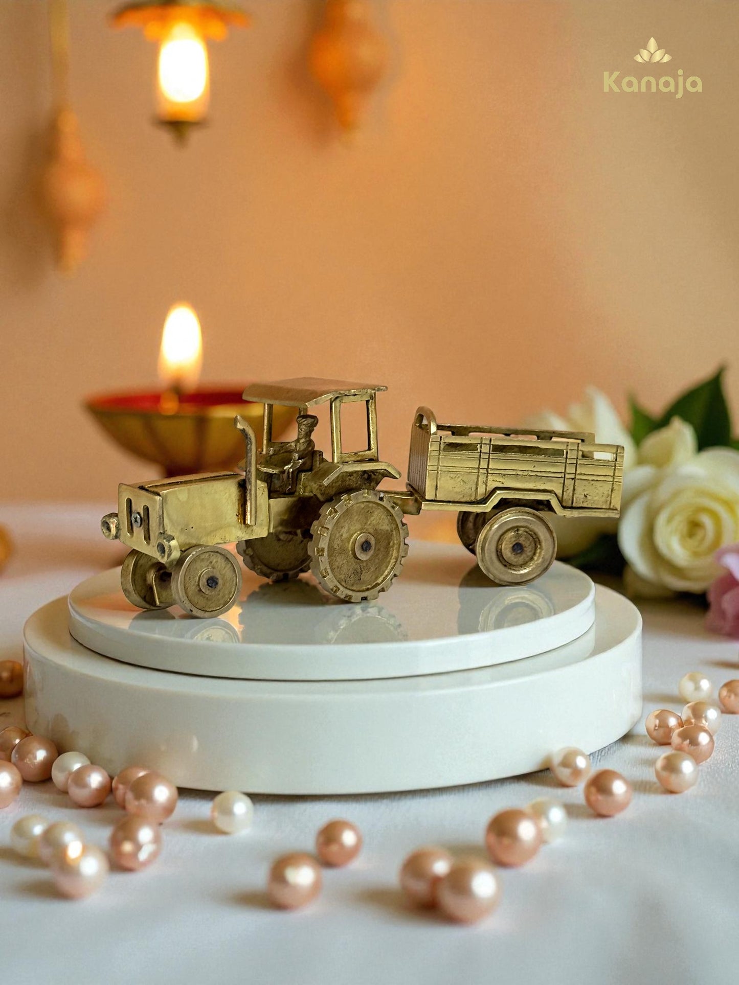 Vintage Golden Tractor with Trailer Figurine - A Nod to Agricultural Heritage