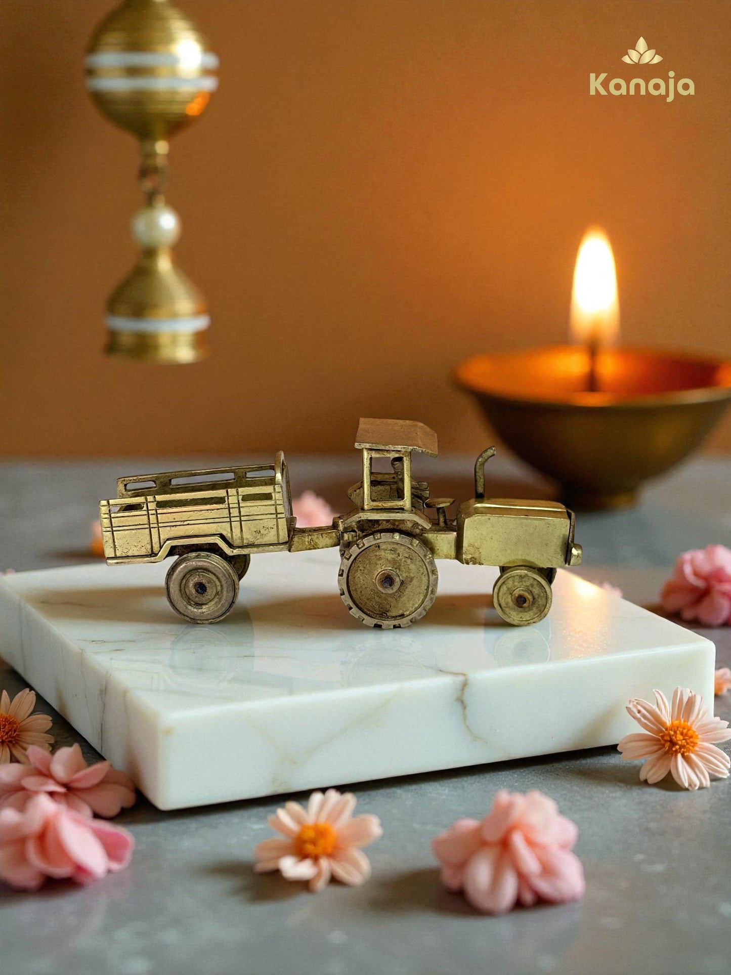 Vintage Golden Tractor with Trailer Figurine - A Nod to Agricultural Heritage