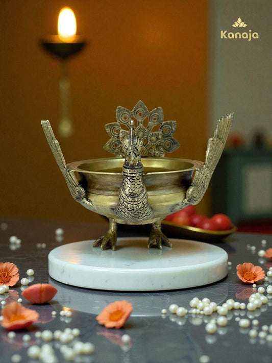 Elegant Golden Peacock Pedestal Bowl - A Symbol of Beauty and Grace