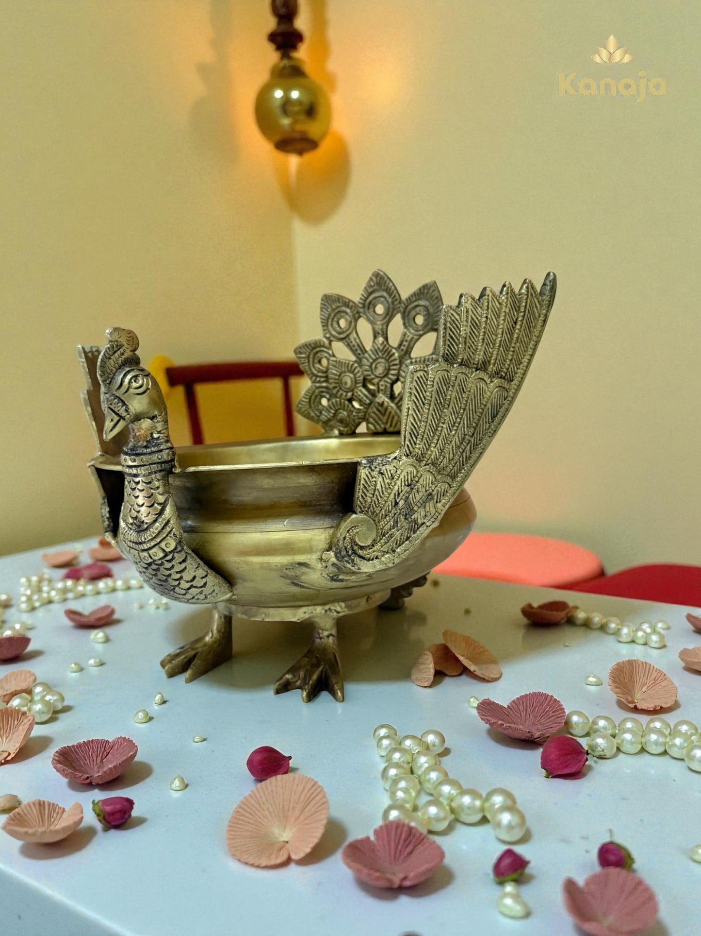 Elegant Golden Peacock Pedestal Bowl - A Symbol of Beauty and Grace