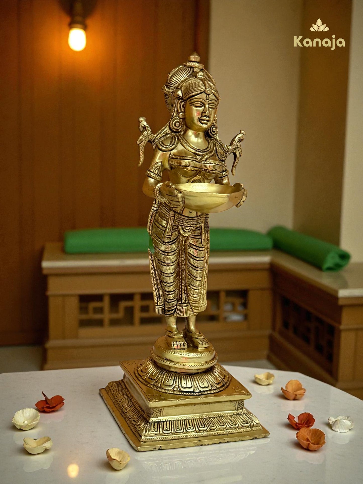 Elegant Golden Diya Lady Statue - A Beacon of Light and Grace