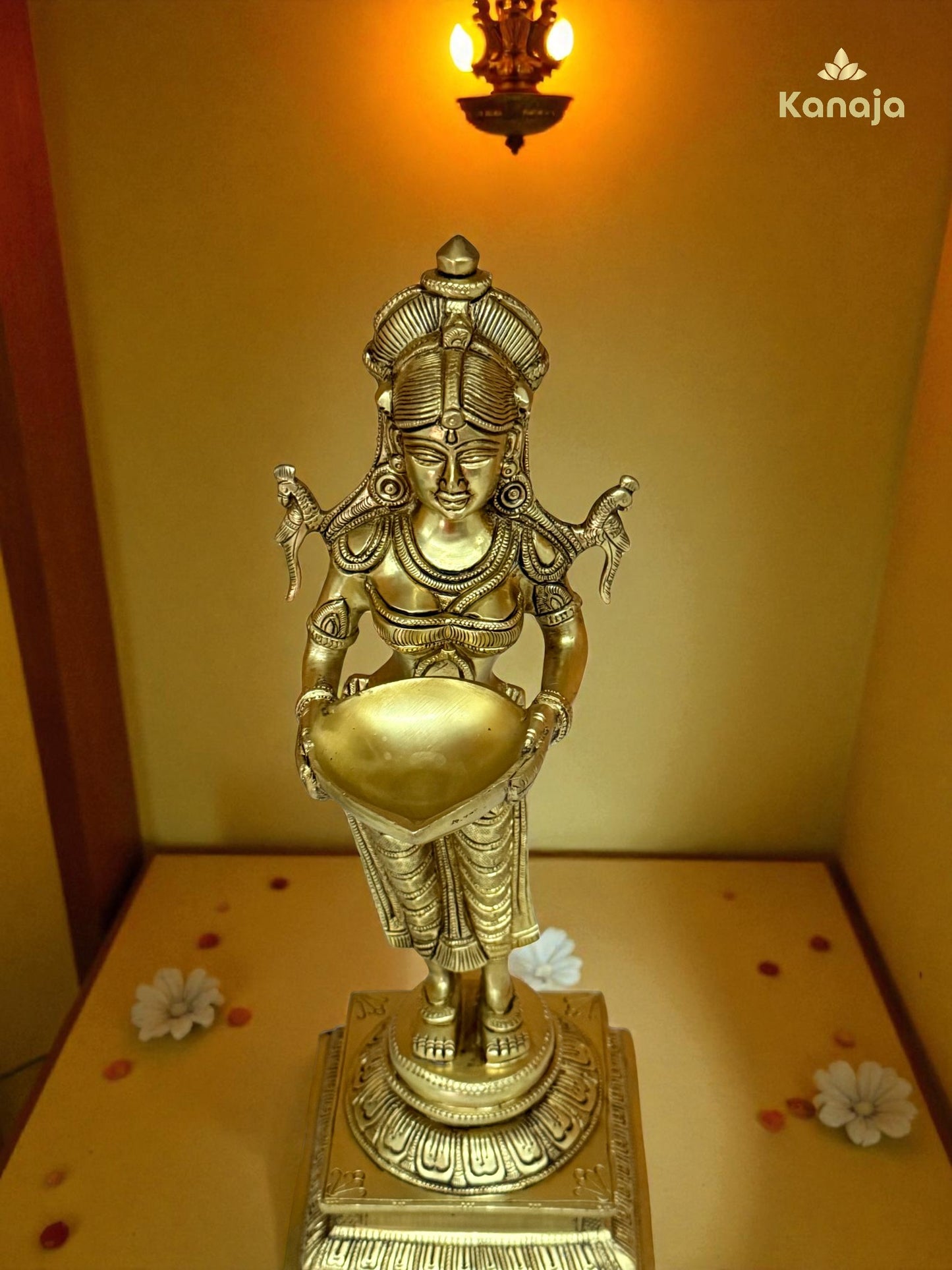 Elegant Golden Diya Lady Statue - A Beacon of Light and Grace