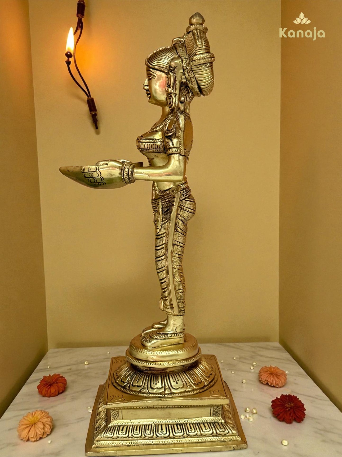 Elegant Golden Diya Lady Statue - A Beacon of Light and Grace