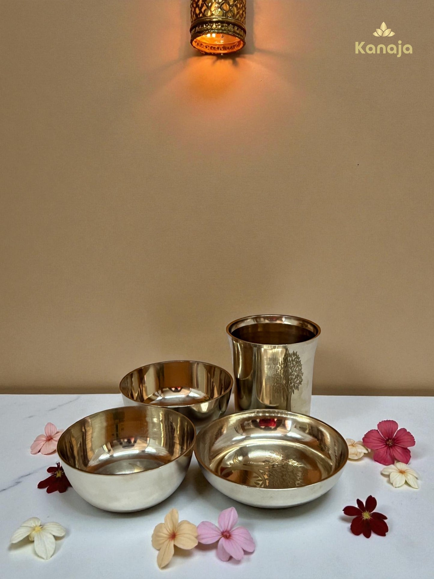 Brass Pooja Thali Set with Tree of Life Engraving