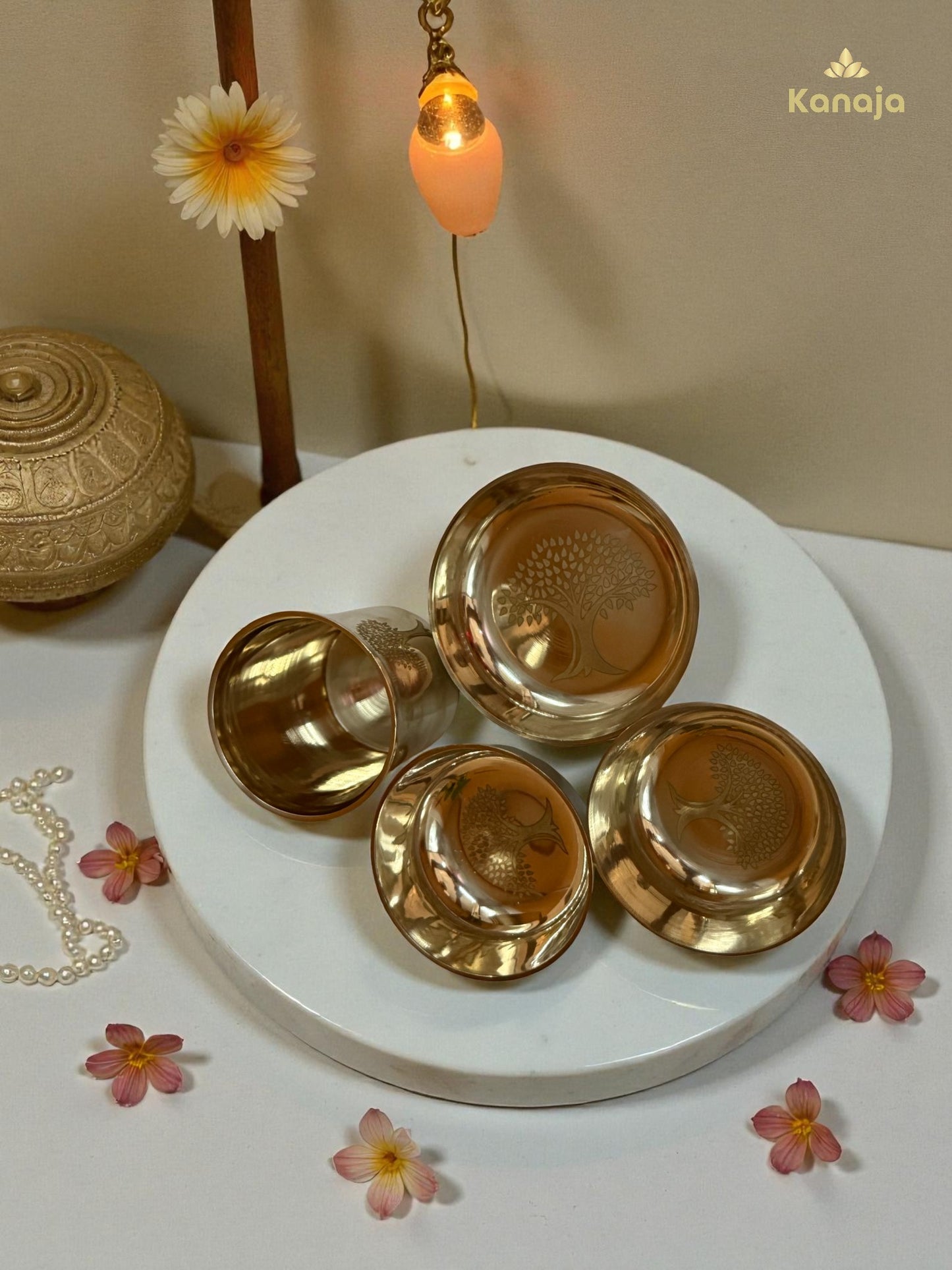 Brass Pooja Thali Set with Tree of Life Engraving