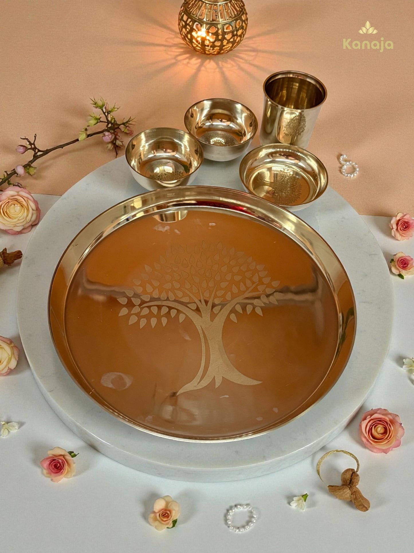 Brass Pooja Thali Set with Tree of Life Engraving