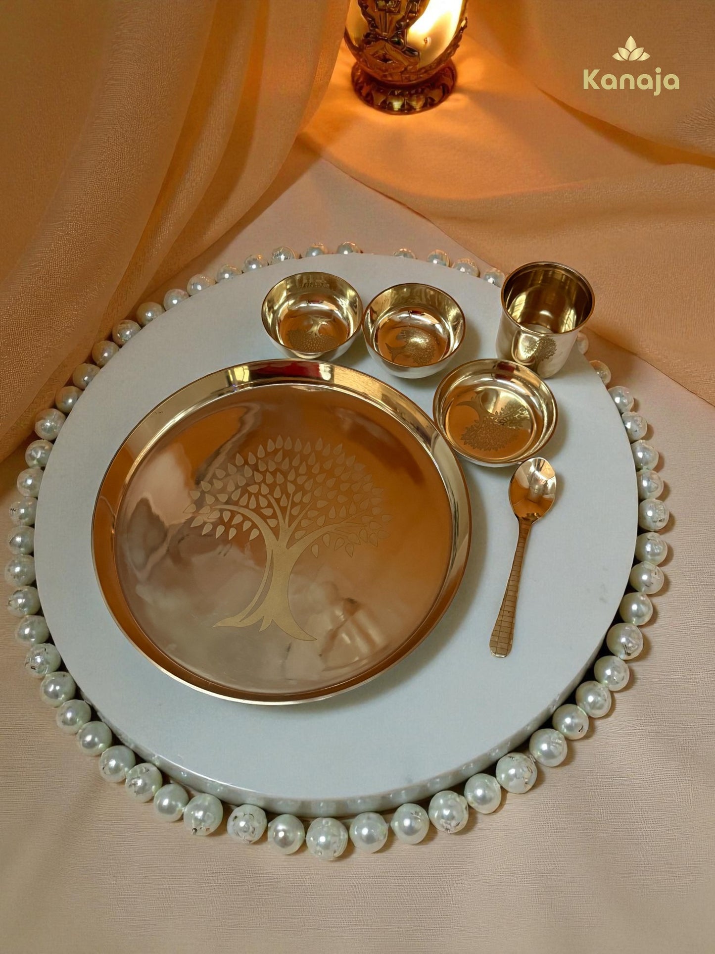 Brass Pooja Thali Set with Tree of Life Engraving