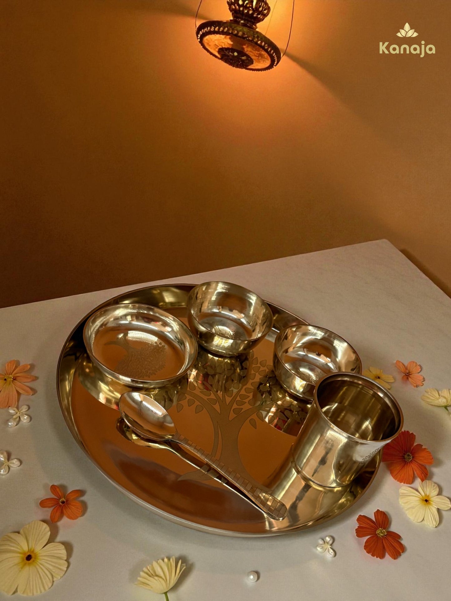 Brass Pooja Thali Set with Tree of Life Engraving