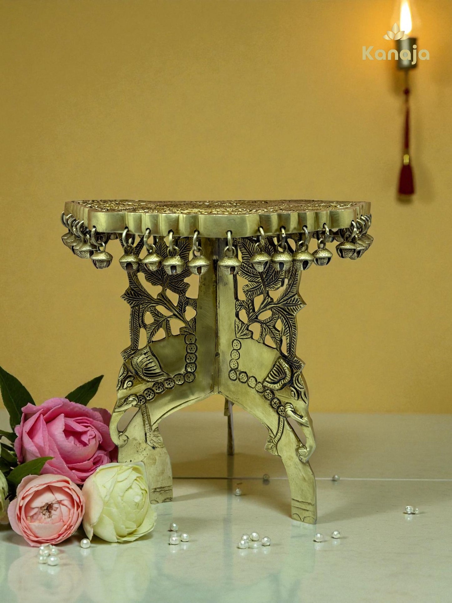 Brass Pooja Chowki / Altar Table with Elephant & Bell Detailing