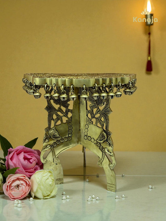 Brass Pooja Chowki / Altar Table with Elephant & Bell Detailing