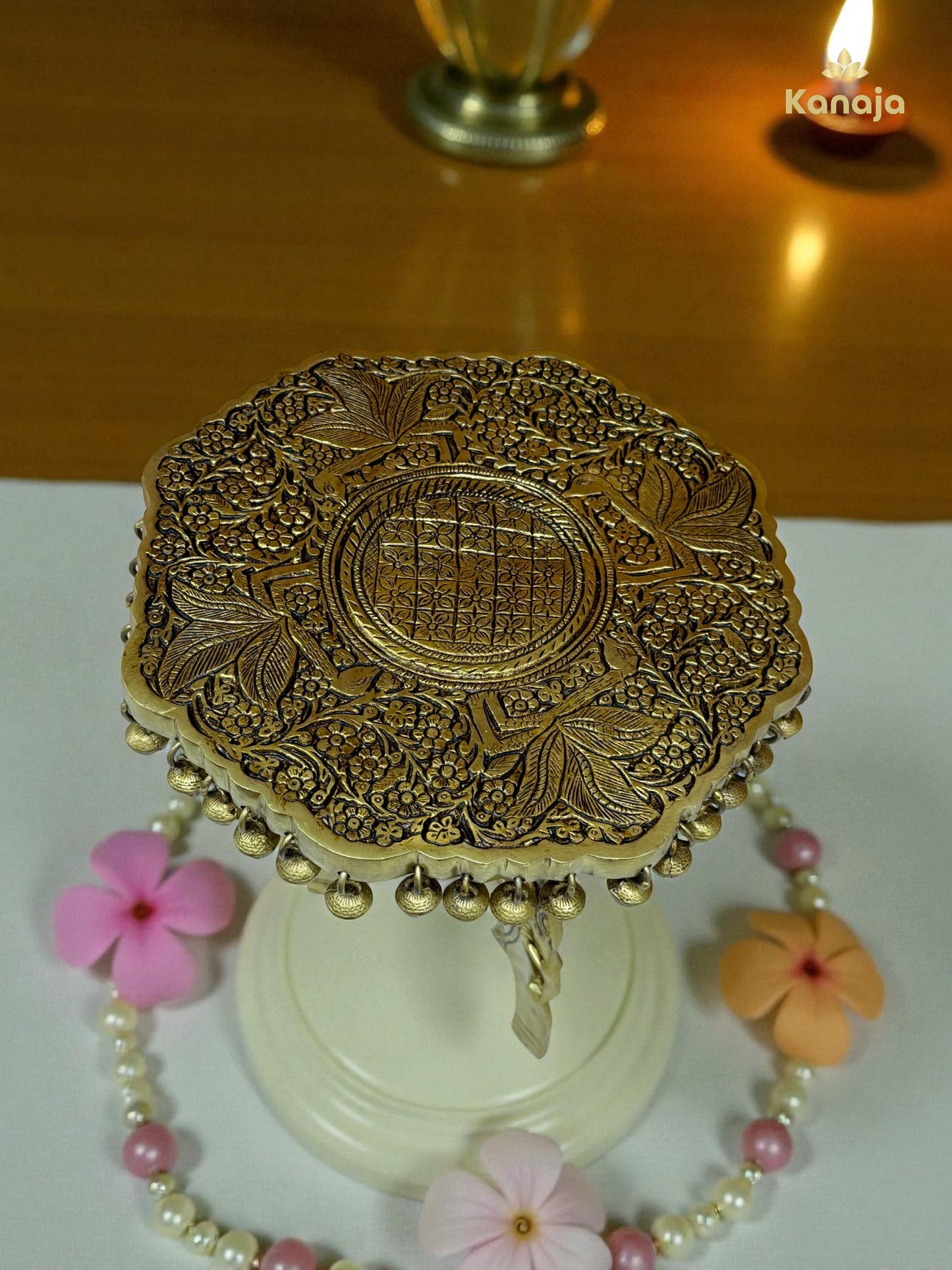 Brass Pooja Chowki / Altar Table with Elephant & Bell Detailing