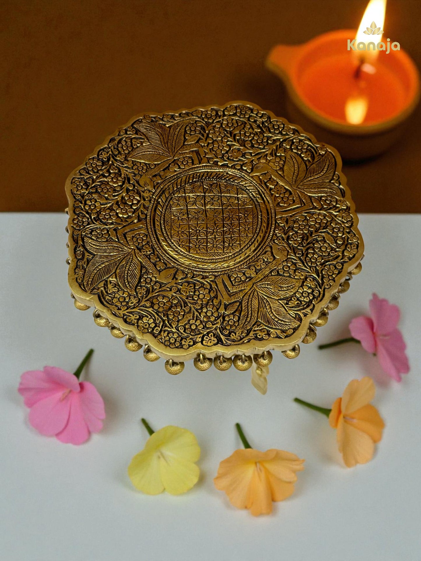 Brass Pooja Chowki / Altar Table with Elephant & Bell Detailing