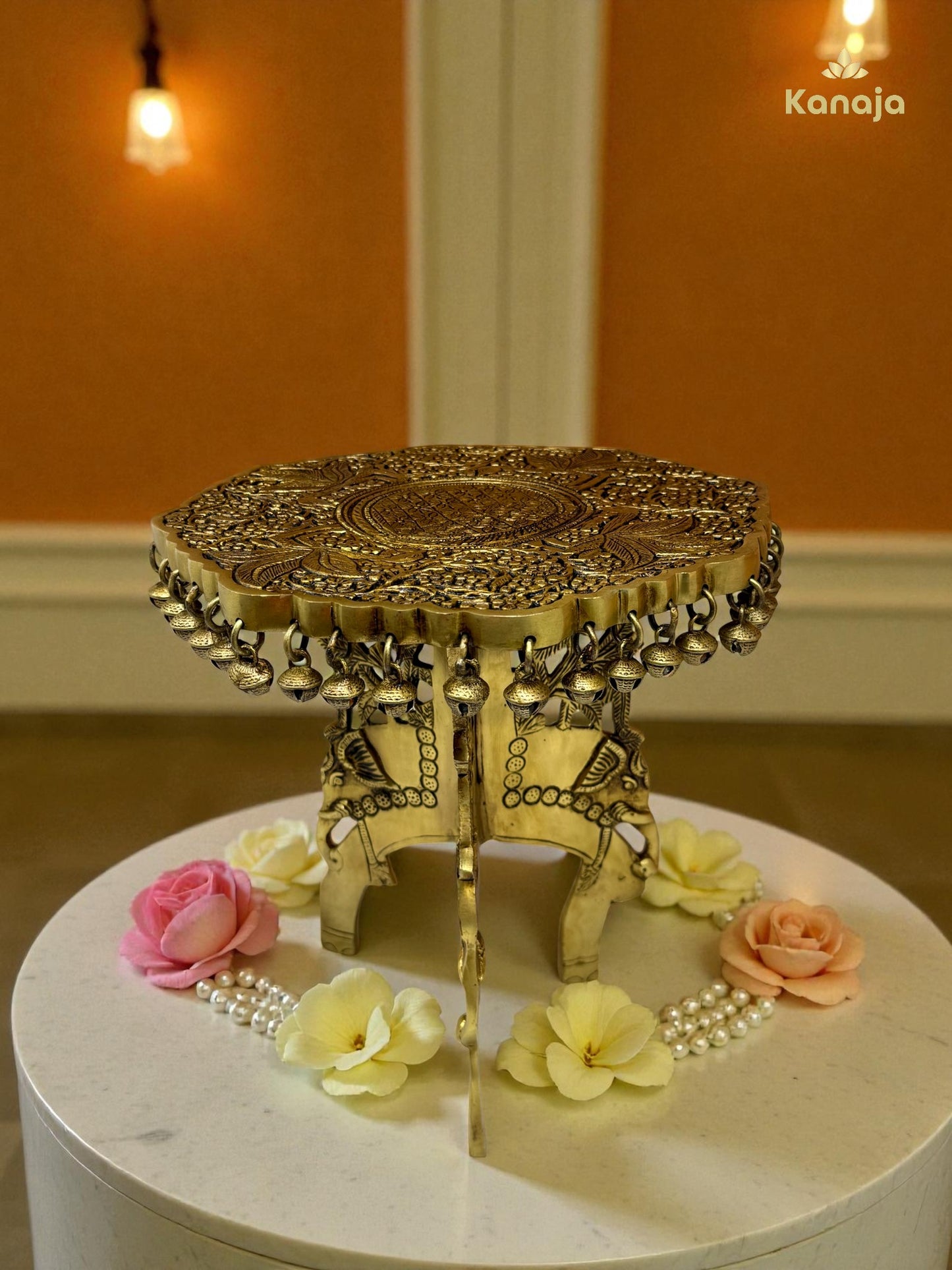 Brass Pooja Chowki / Altar Table with Elephant & Bell Detailing