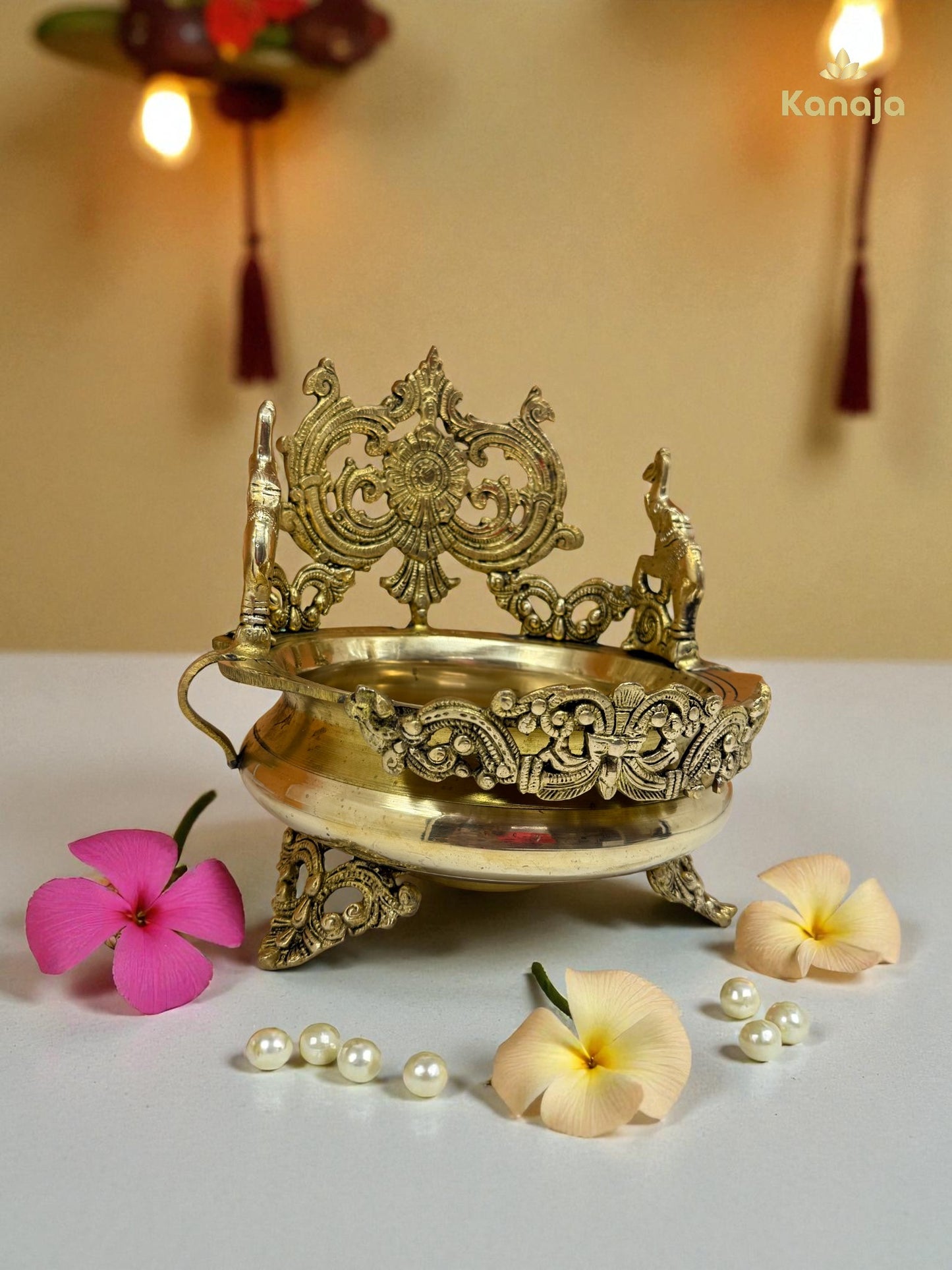 Handcrafted Brass Pooja Incense Burner / Urli with Decorative Stand