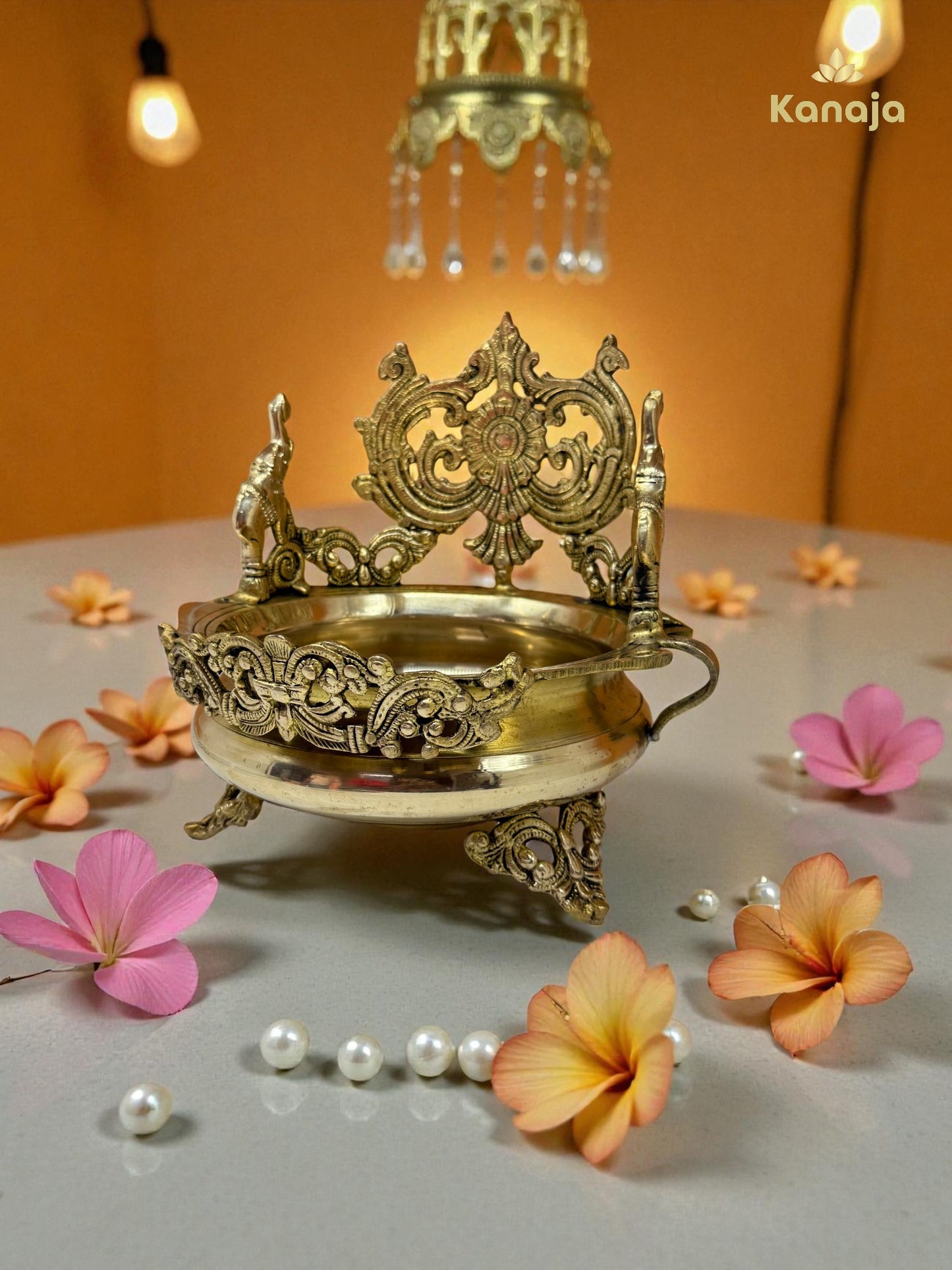 Handcrafted Brass Pooja Incense Burner / Urli with Decorative Stand