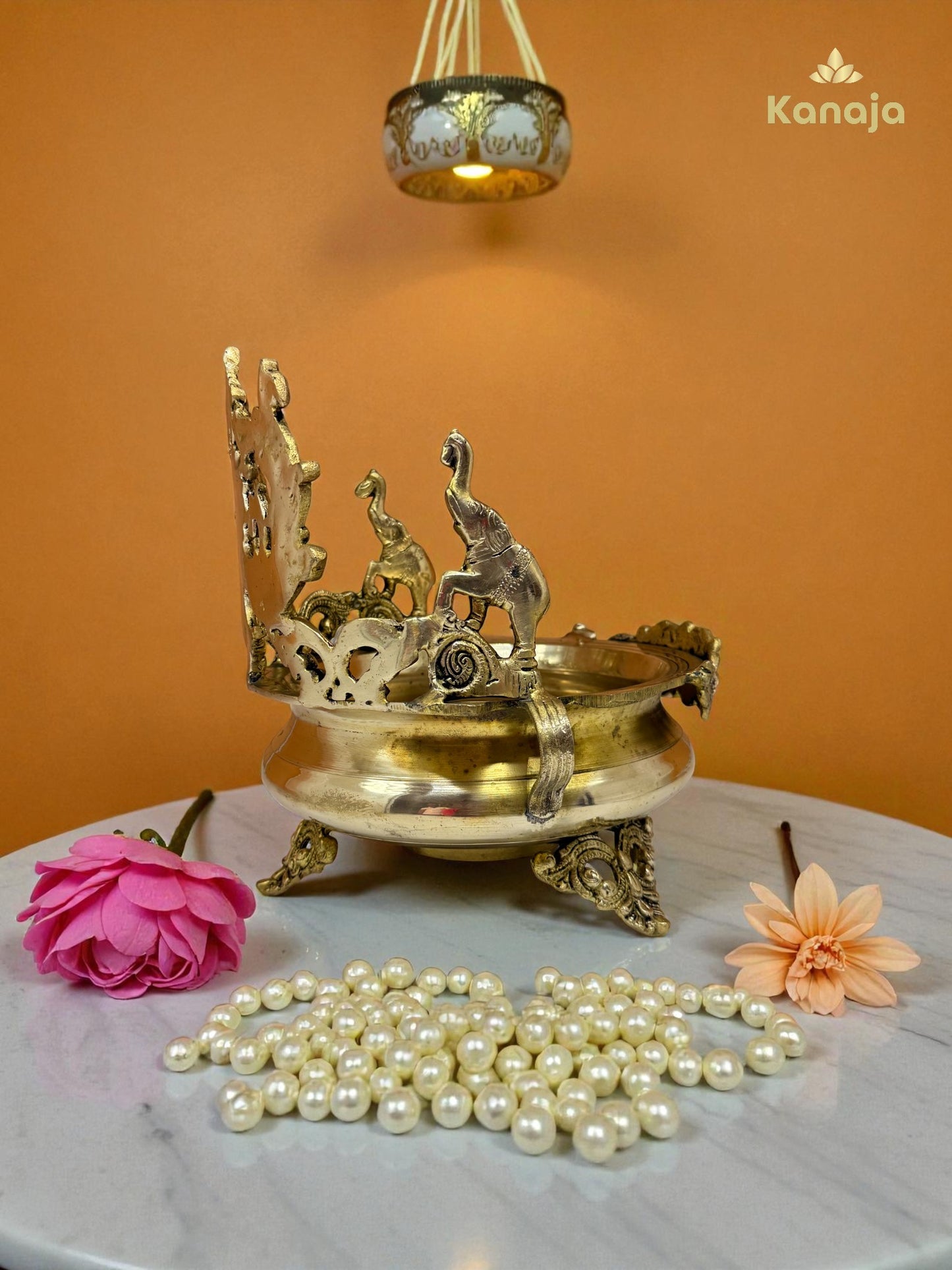 Handcrafted Brass Pooja Incense Burner / Urli with Decorative Stand